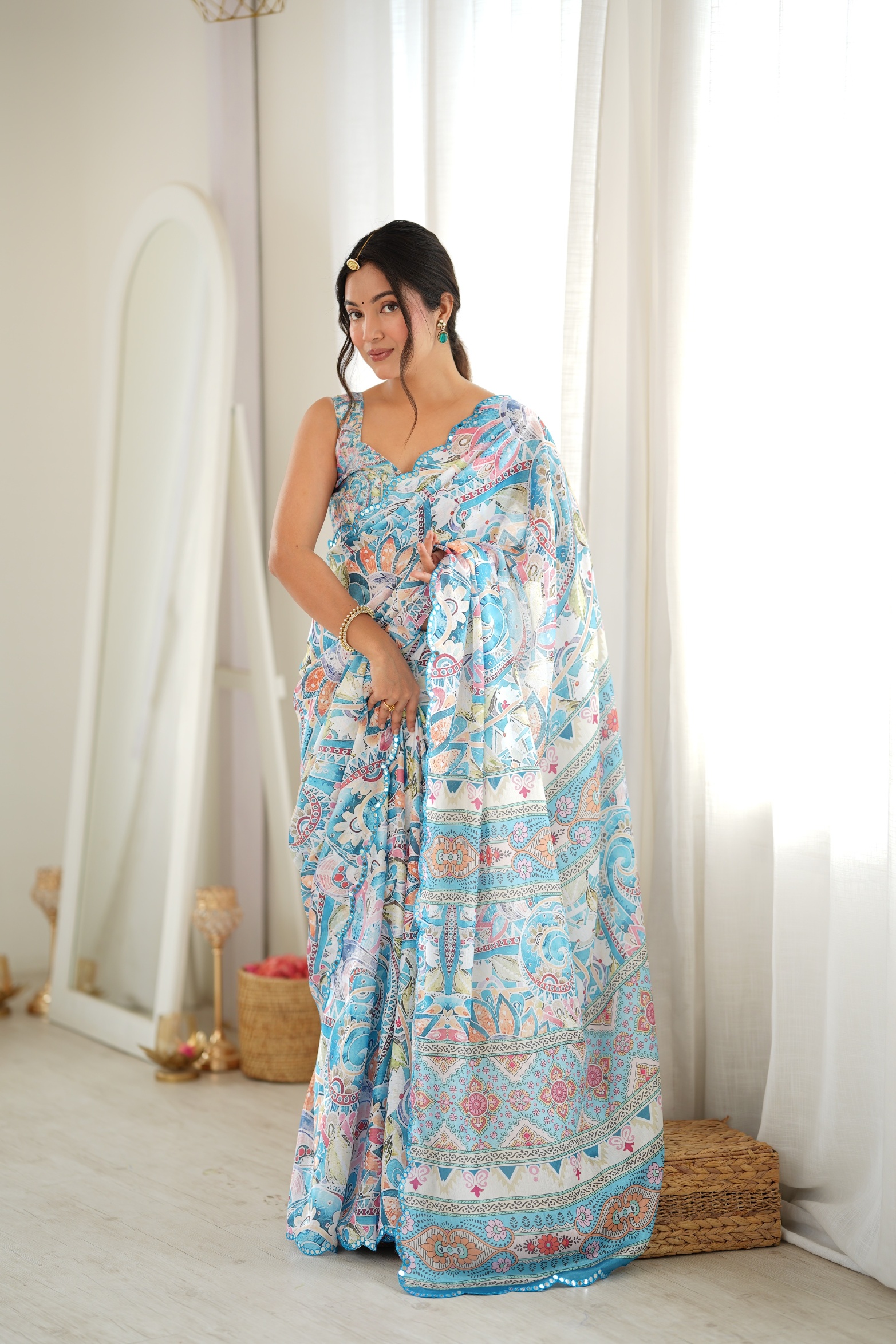 Sea Green Botanical Digital Printed Chinon Saree