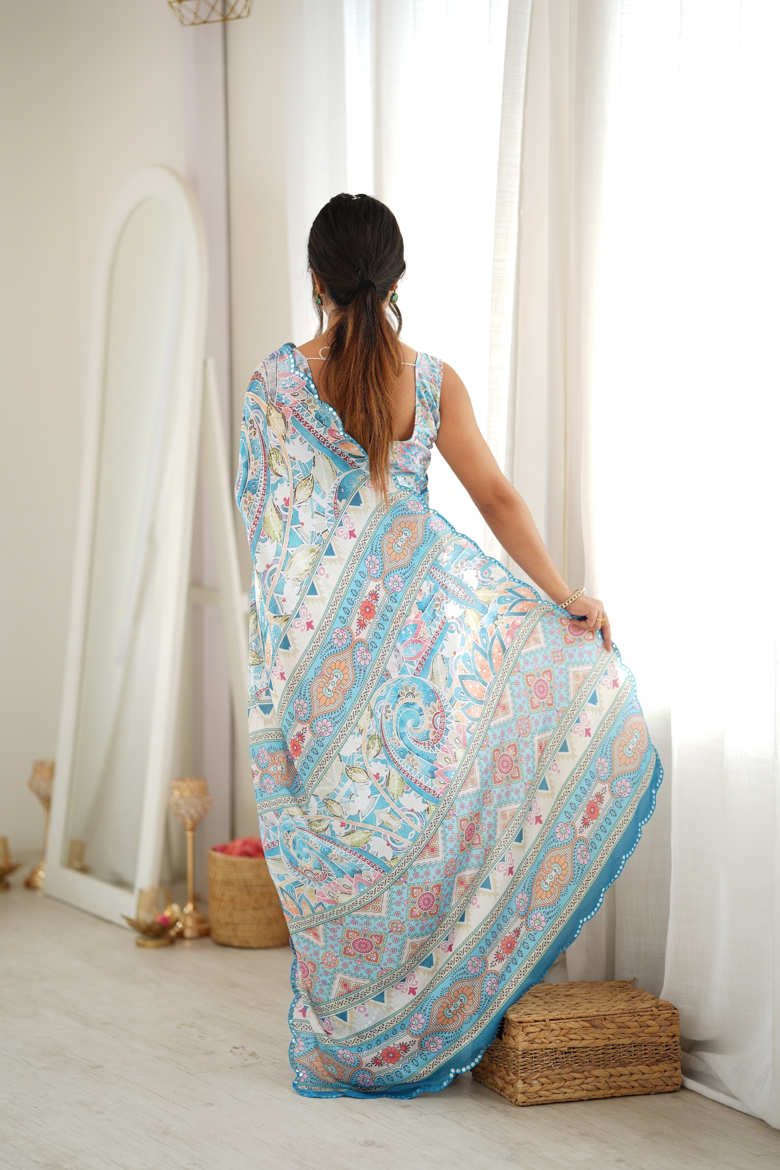 Sea Green Botanical Digital Printed Chinon Saree — alternate view