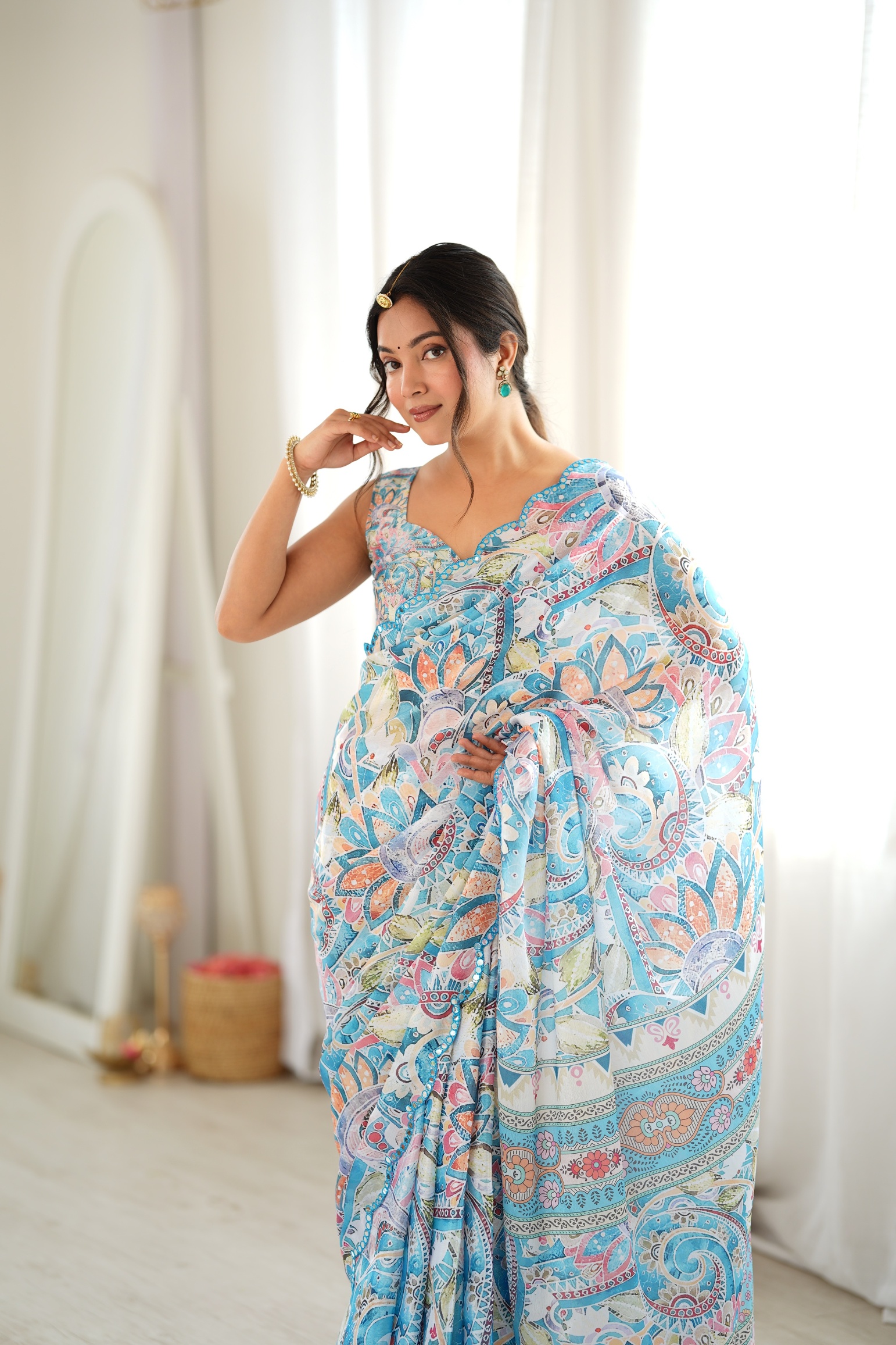 Sea Green Botanical Digital Printed Chinon Saree