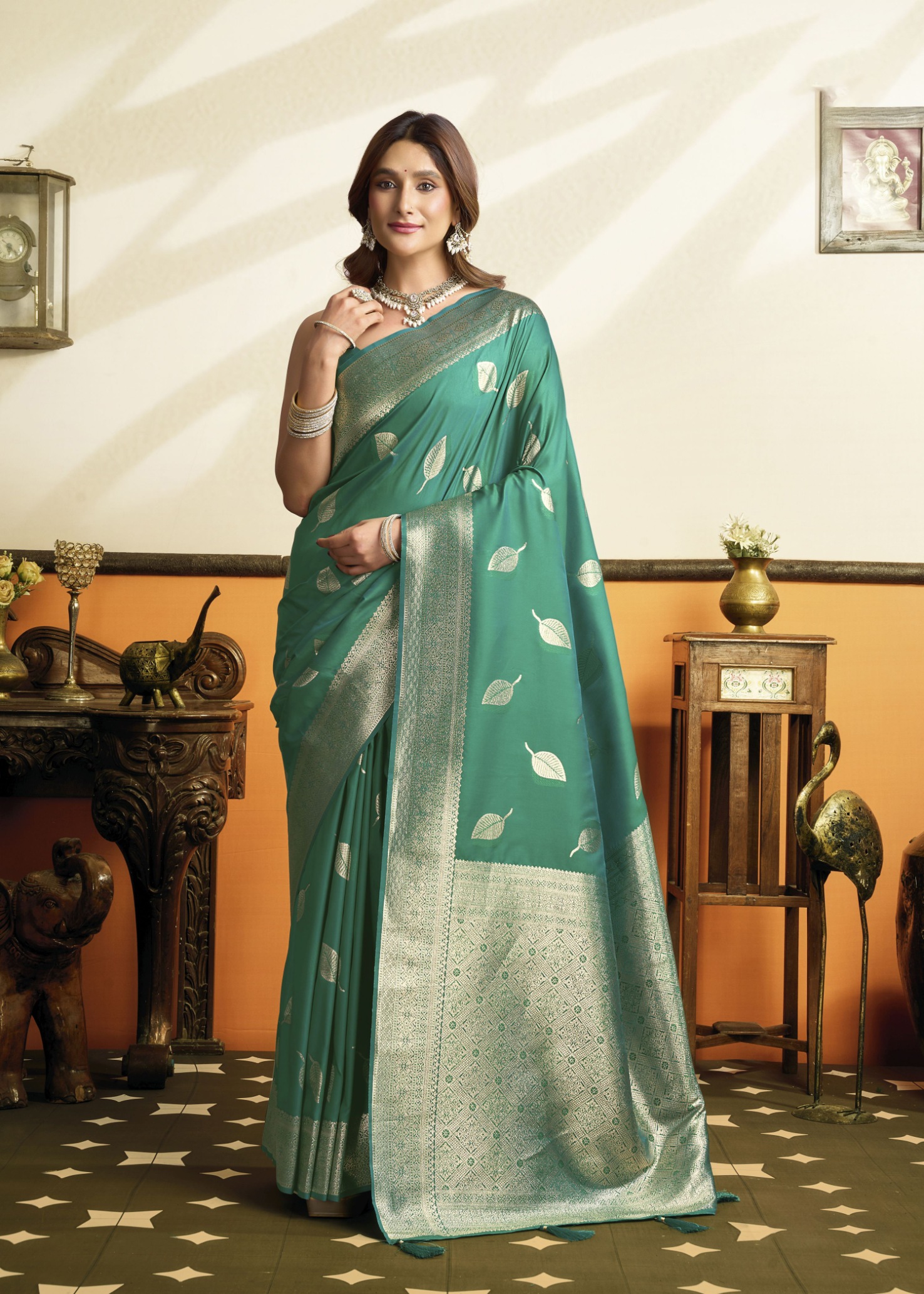 Sea Green Botanical Jacquard Soft Silk Saree