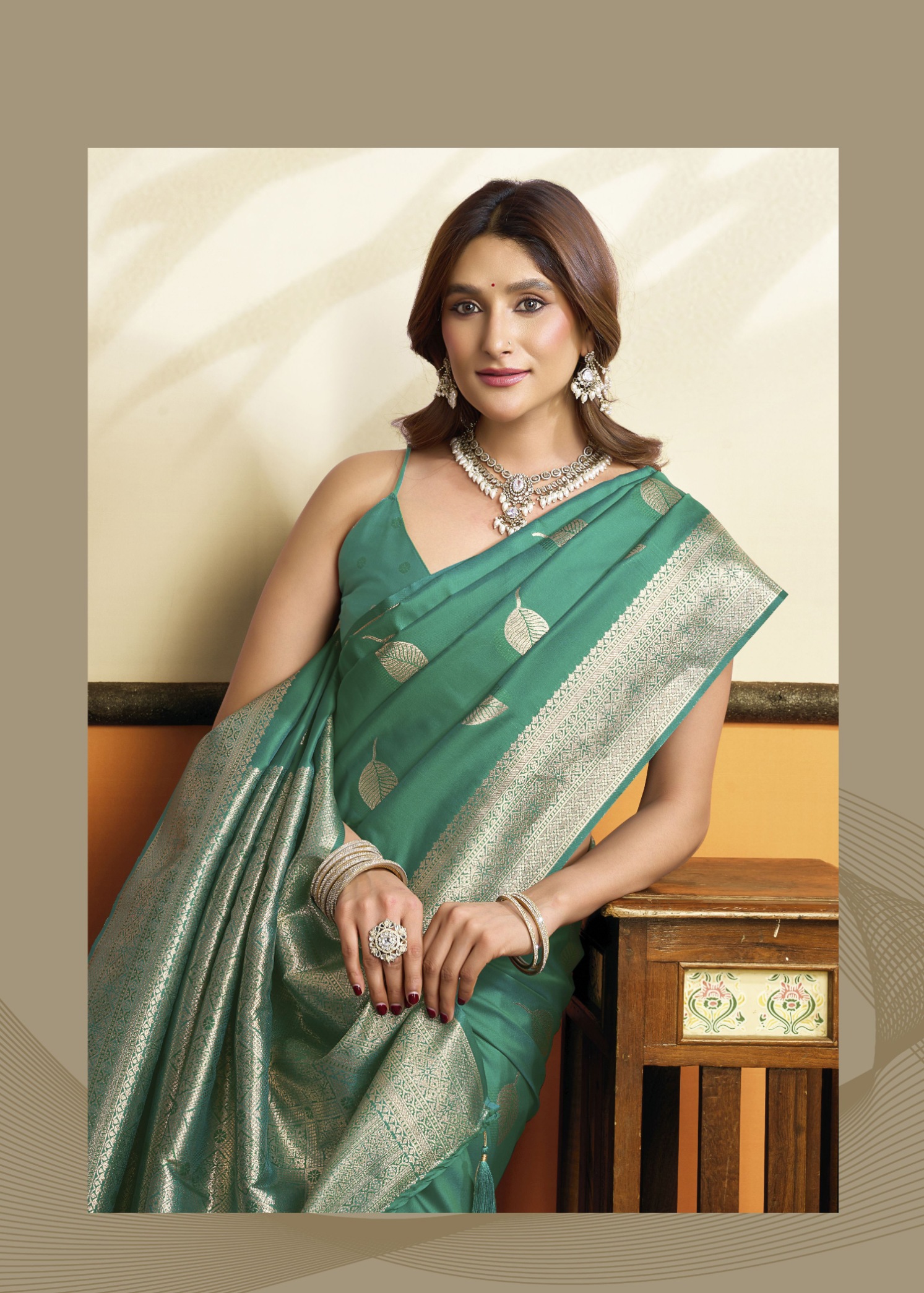 Sea Green Botanical Jacquard Soft Silk Saree