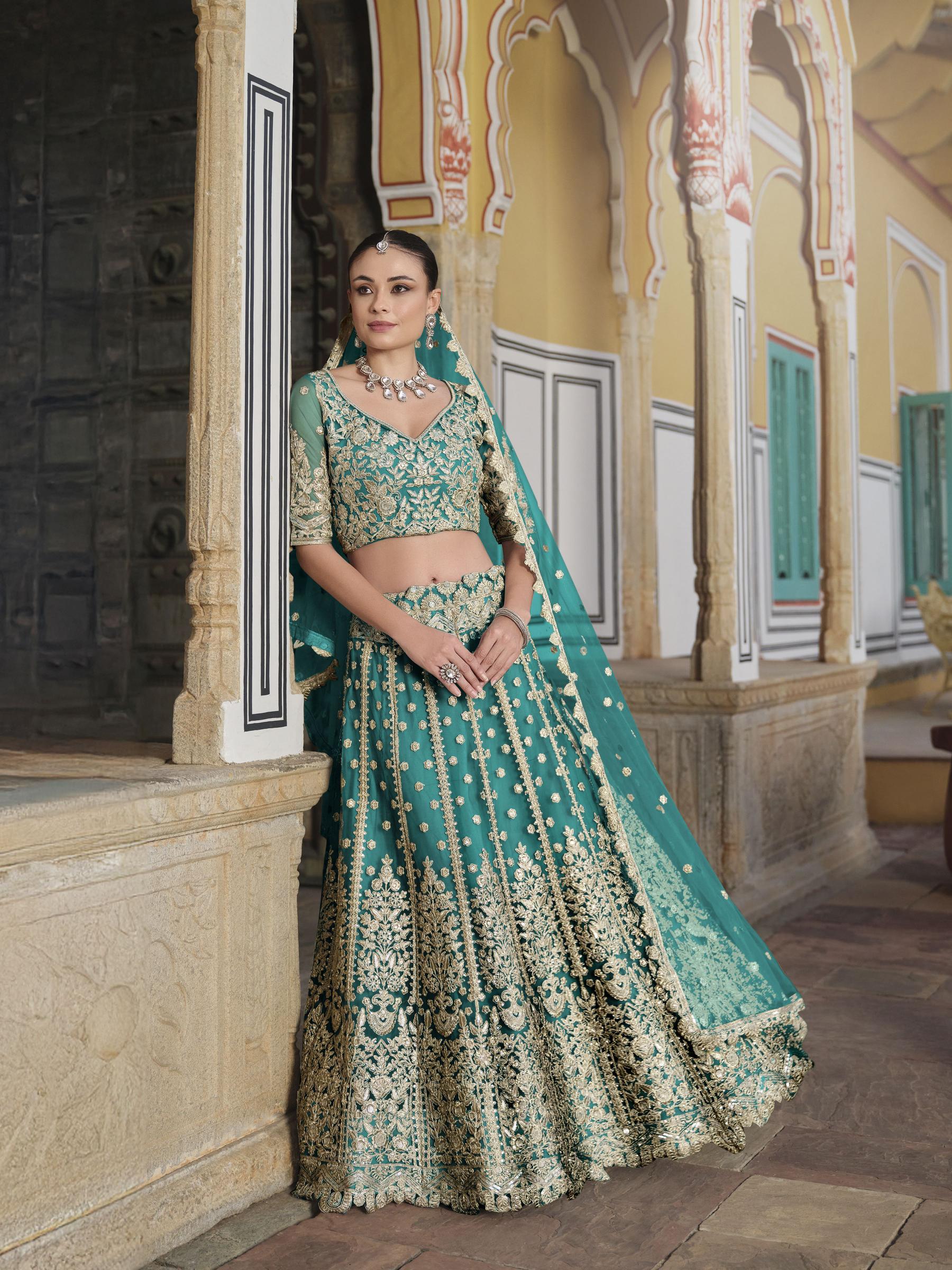 Sea Green Butterfly Net Wedding Lehenga