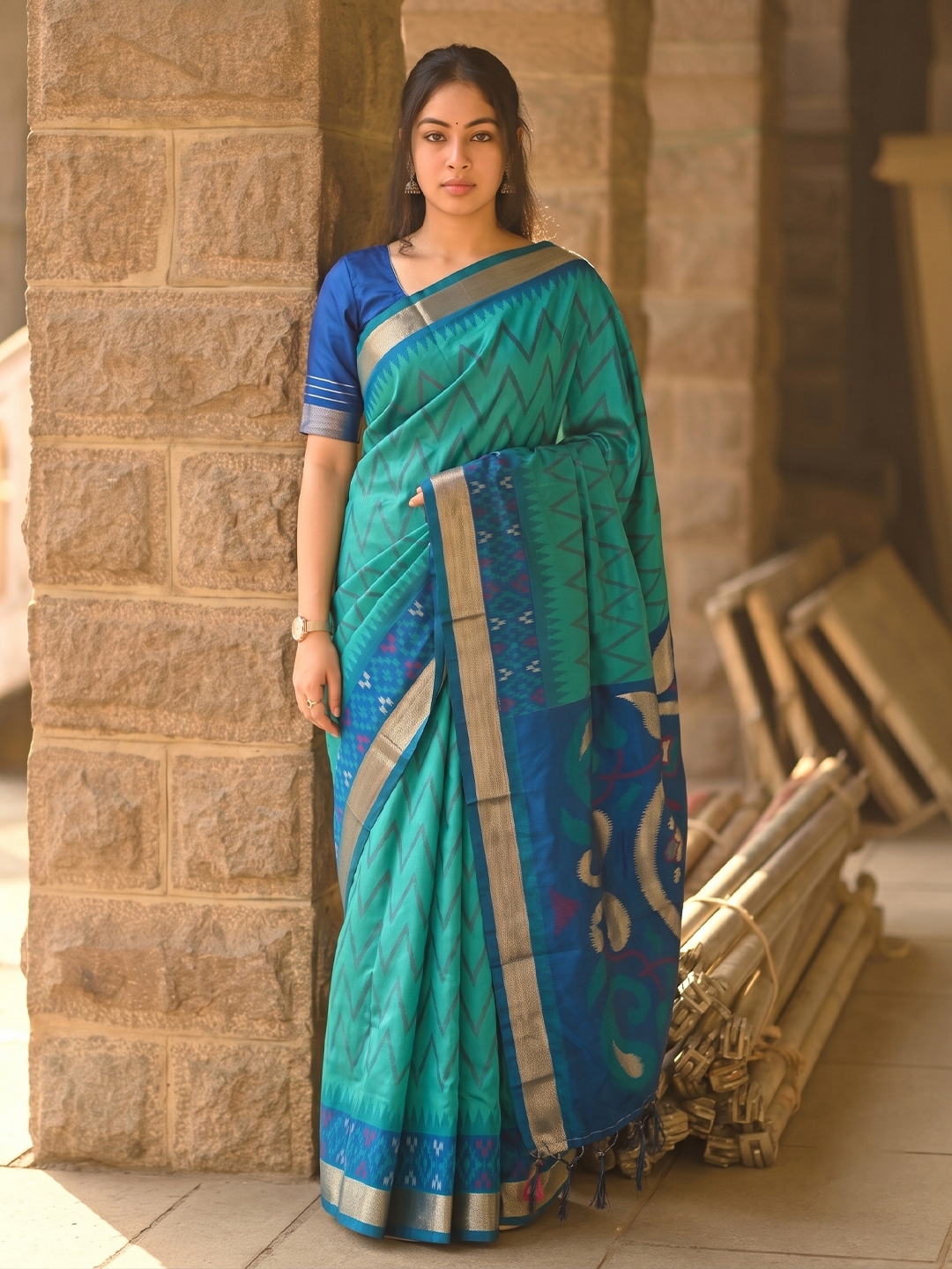 Sea Green Chevron Woven Soft Silk Saree