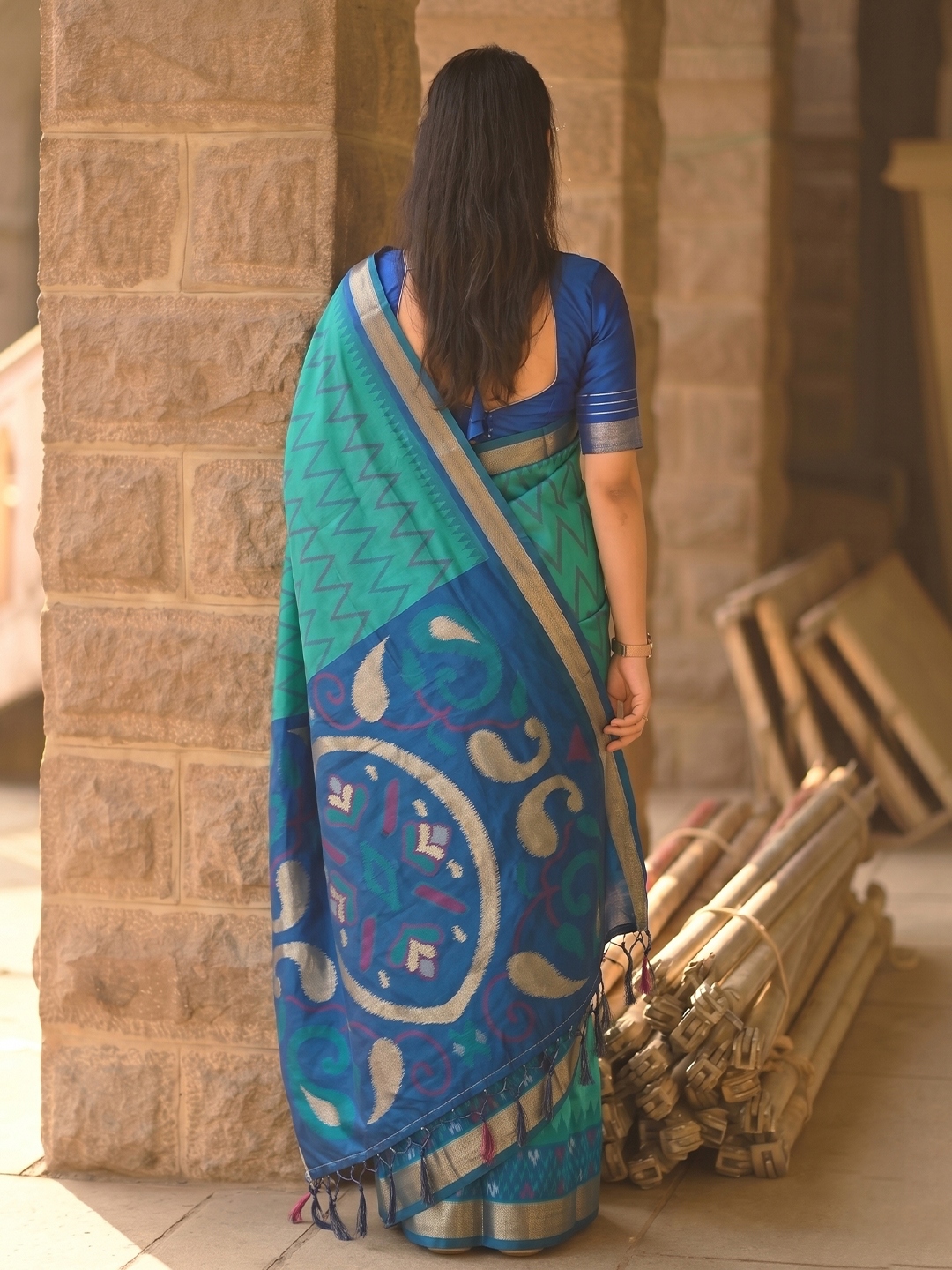 Sea Green Chevron Woven Soft Silk Saree — alternate view