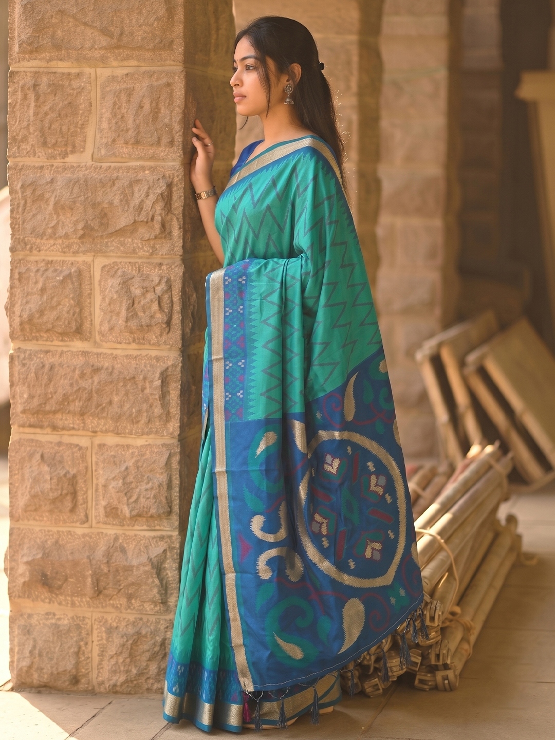 Sea Green Chevron Woven Soft Silk Saree