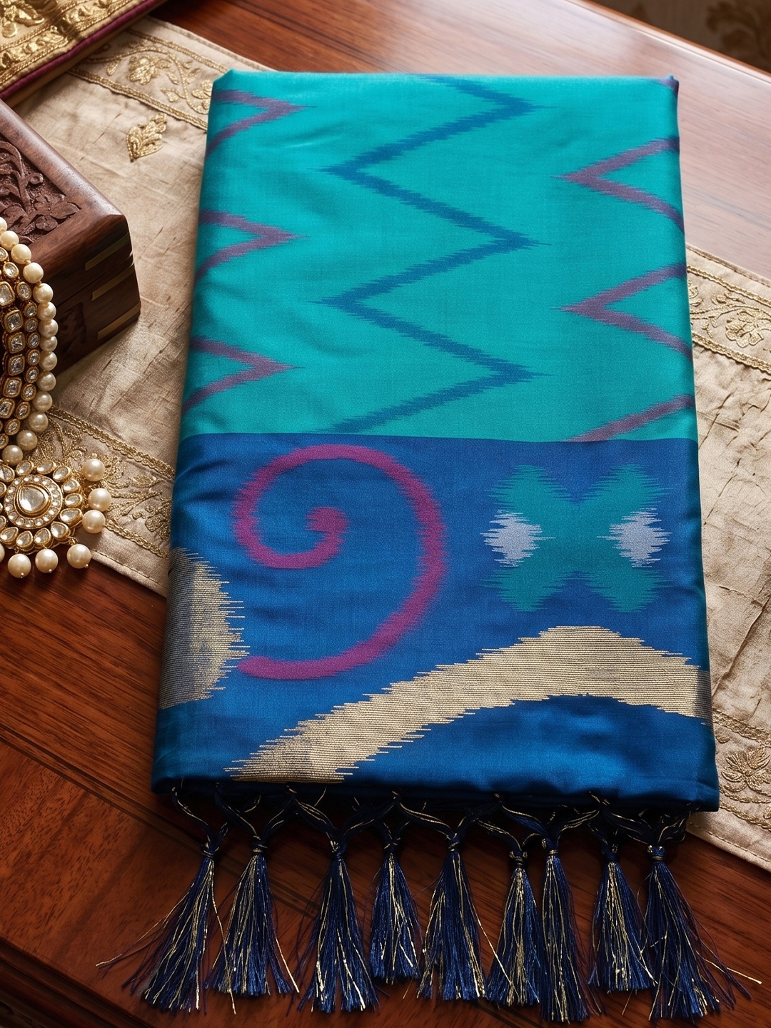 Sea Green Chevron Woven Soft Silk Saree