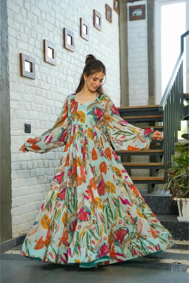 Sea Green Chinon Printed Gown