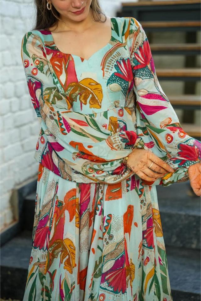 Sea Green Chinon Printed Gown — alternate view