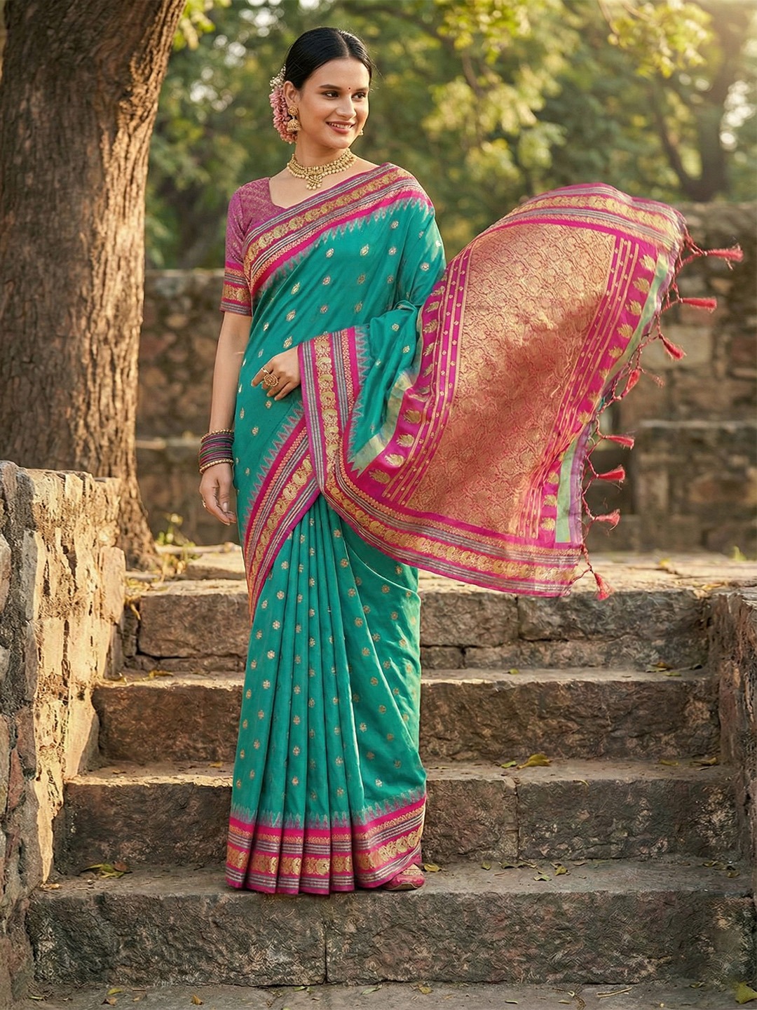 Sea Green Classic Temple Border Soft Silk Saree