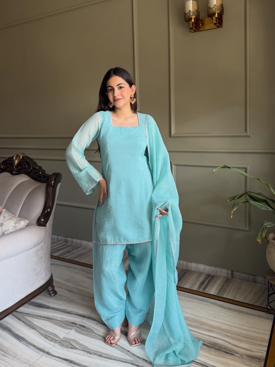 Sea Green Crunchy Palazzo Suit