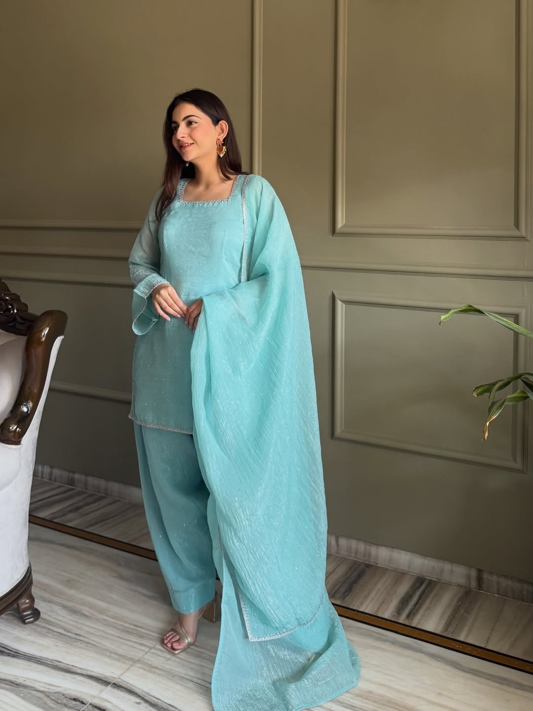 Sea Green Crunchy Palazzo Suit