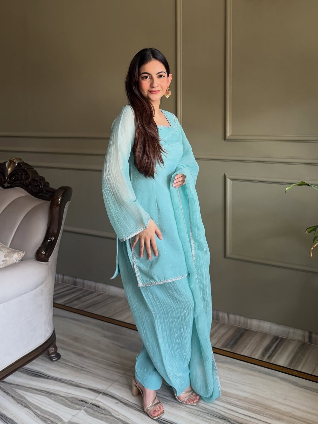 Sea Green Crunchy Palazzo Suit