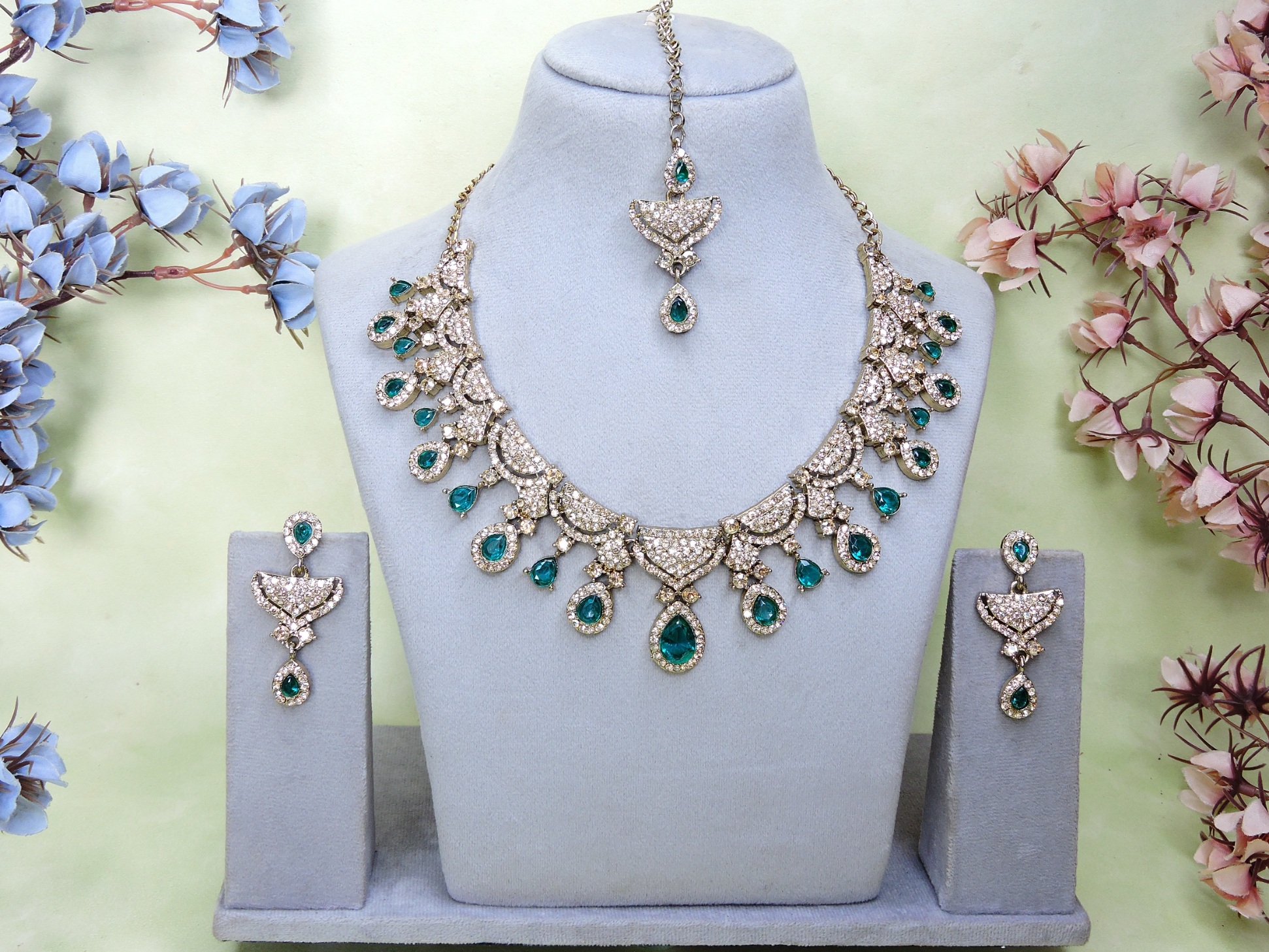 Sea Green Crystal American Diamond Necklace Set — alternate view