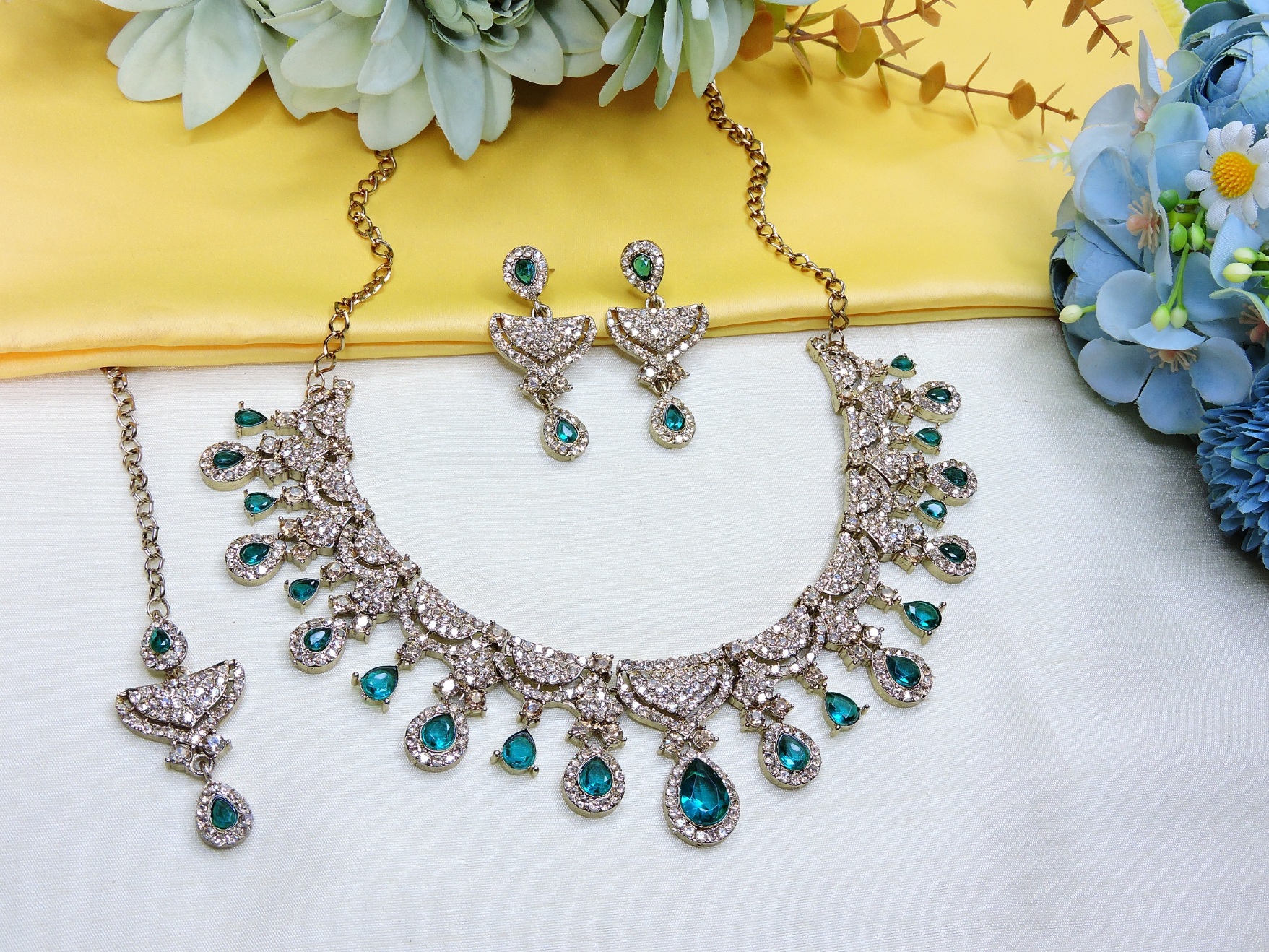 Sea Green Crystal American Diamond Necklace Set