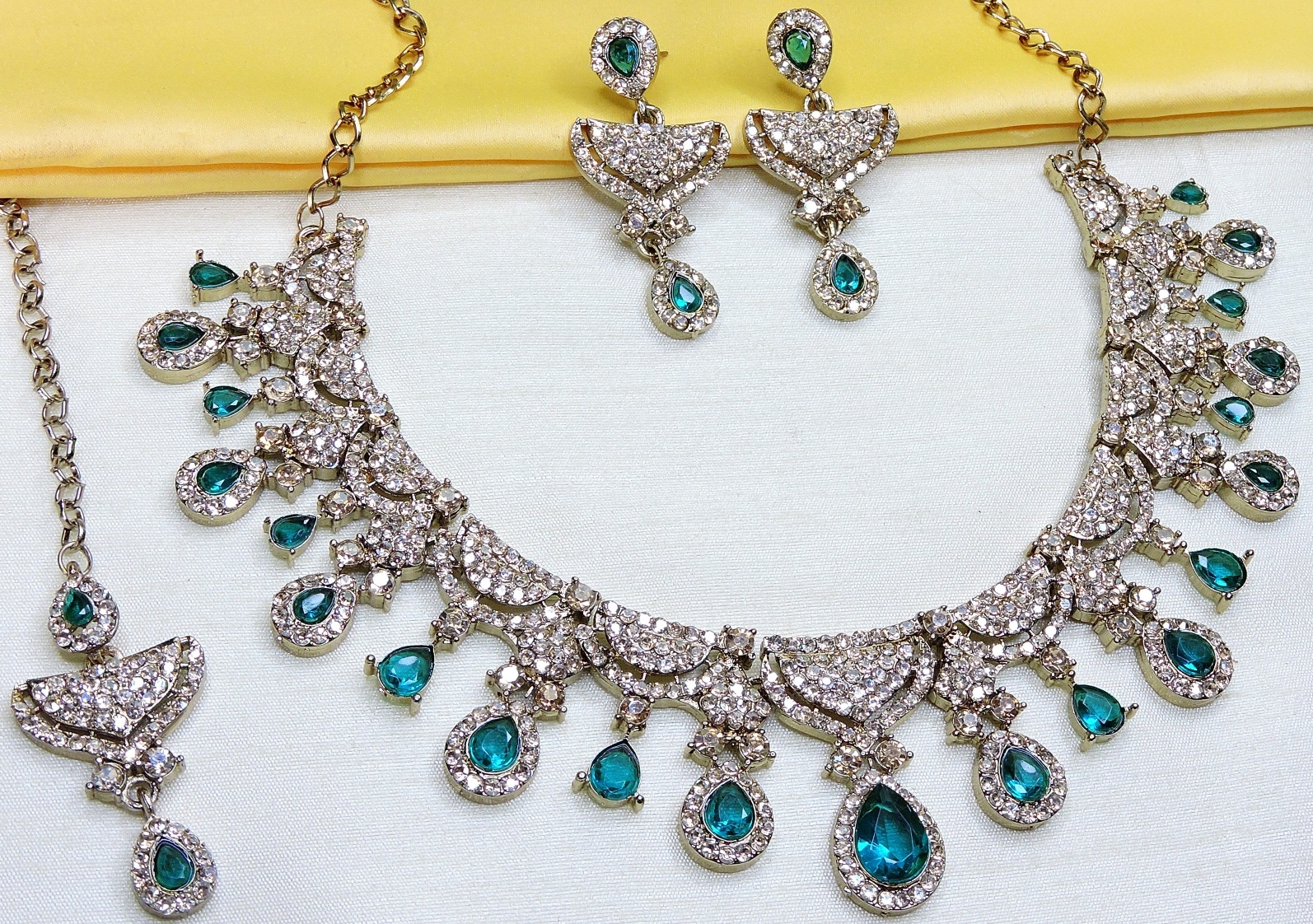 Sea Green Crystal American Diamond Necklace Set
