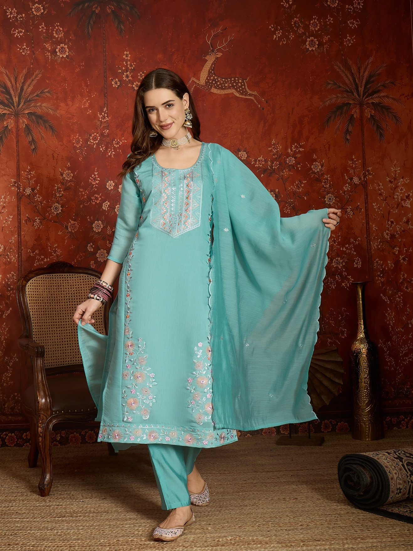 Sea Green Designer Embroidery Mul Chanderi Straight Suit