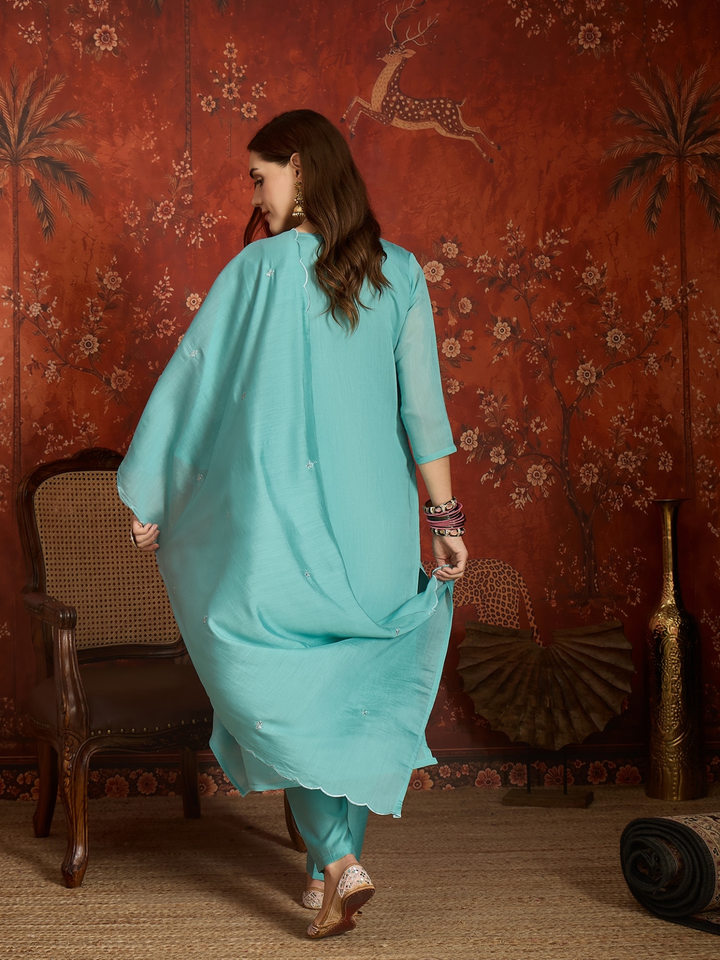 Sea Green Designer Embroidery Mul Chanderi Straight Suit — alternate view