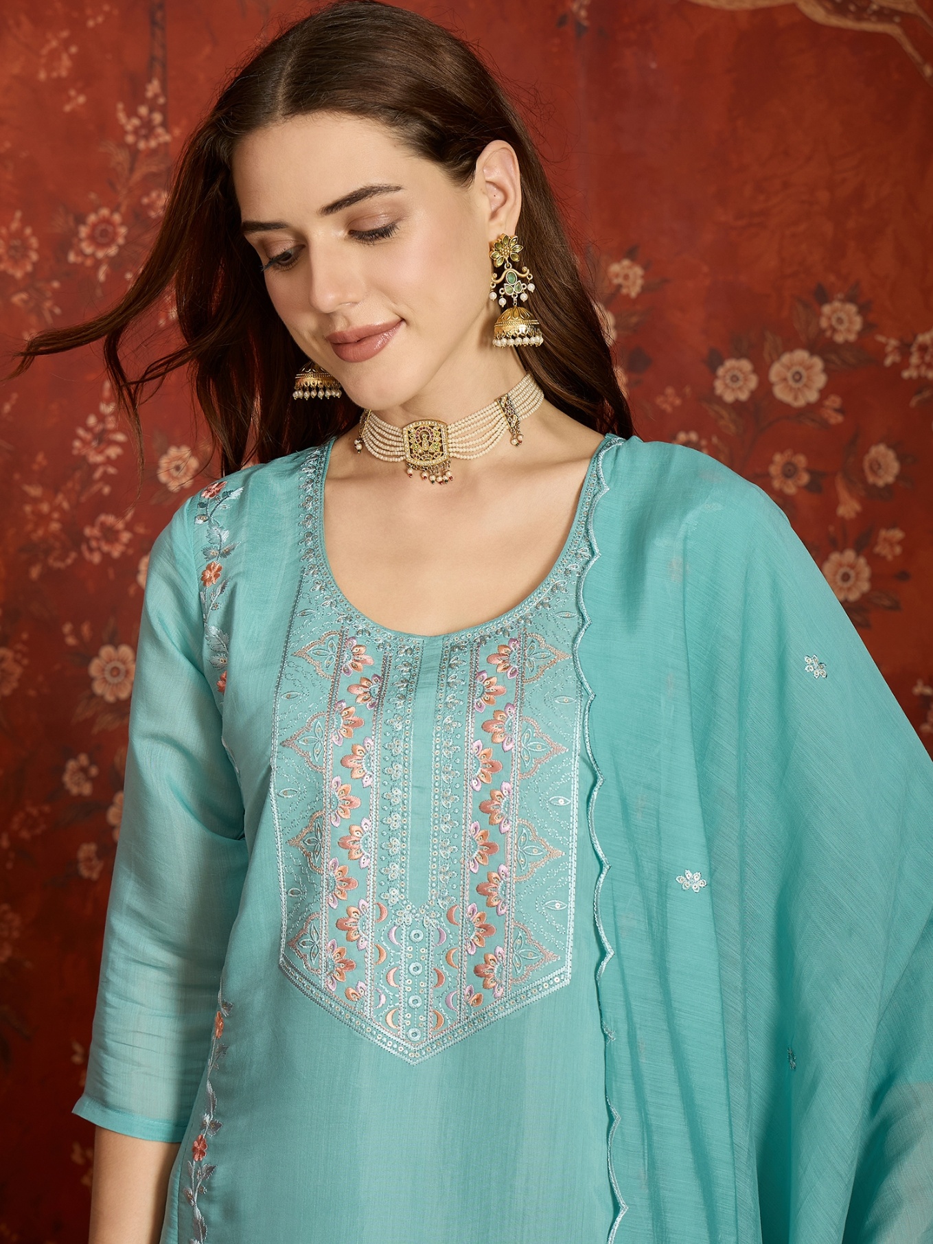 Sea Green Designer Embroidery Mul Chanderi Straight Suit