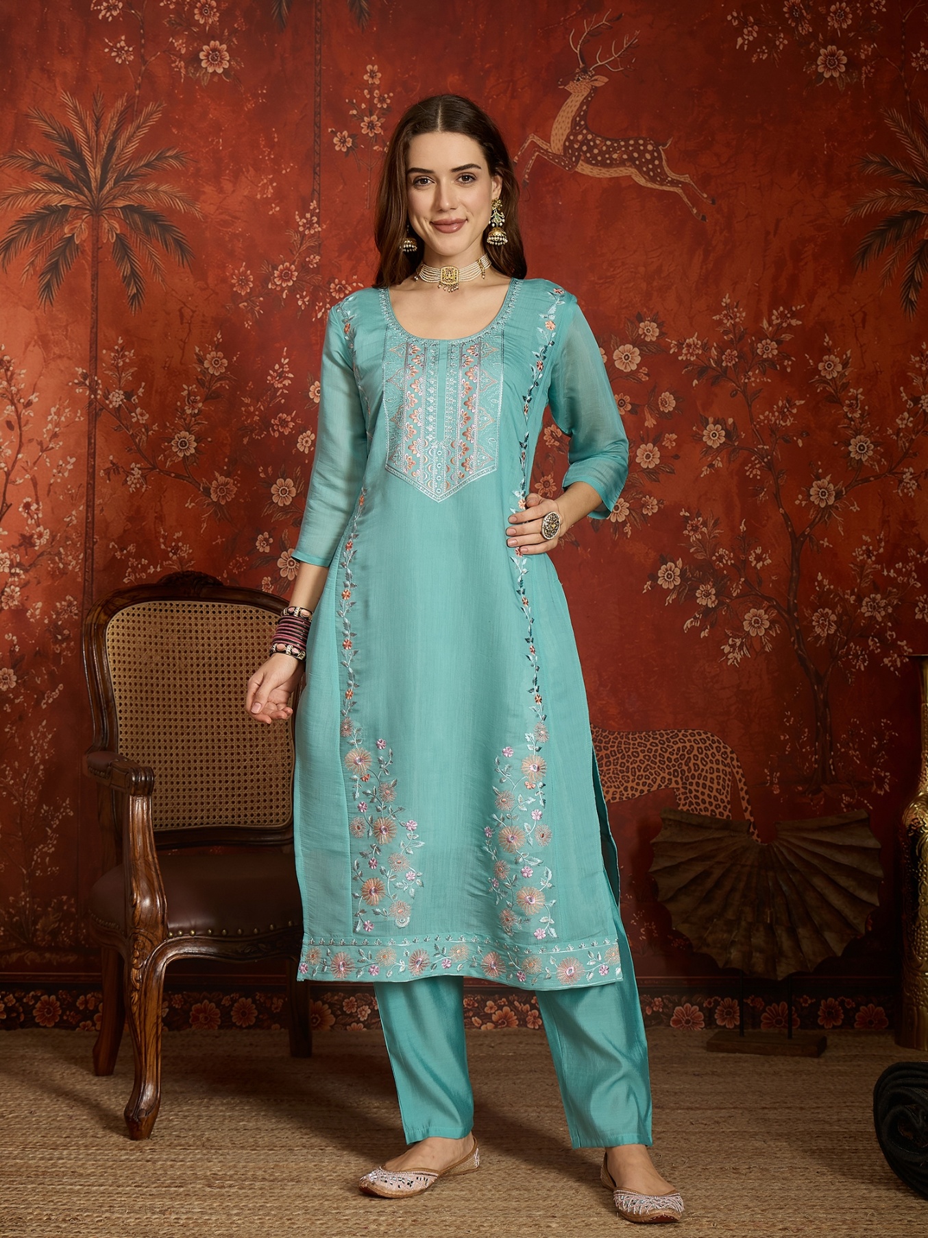 Sea Green Designer Embroidery Mul Chanderi Straight Suit