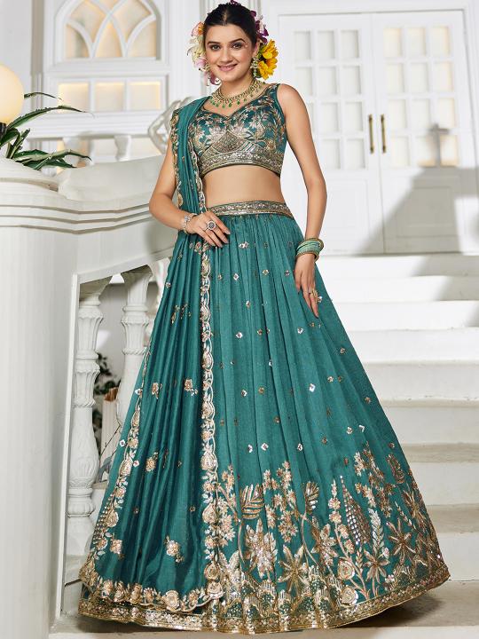 Sea Green Designer Georgette Festive Lehenga