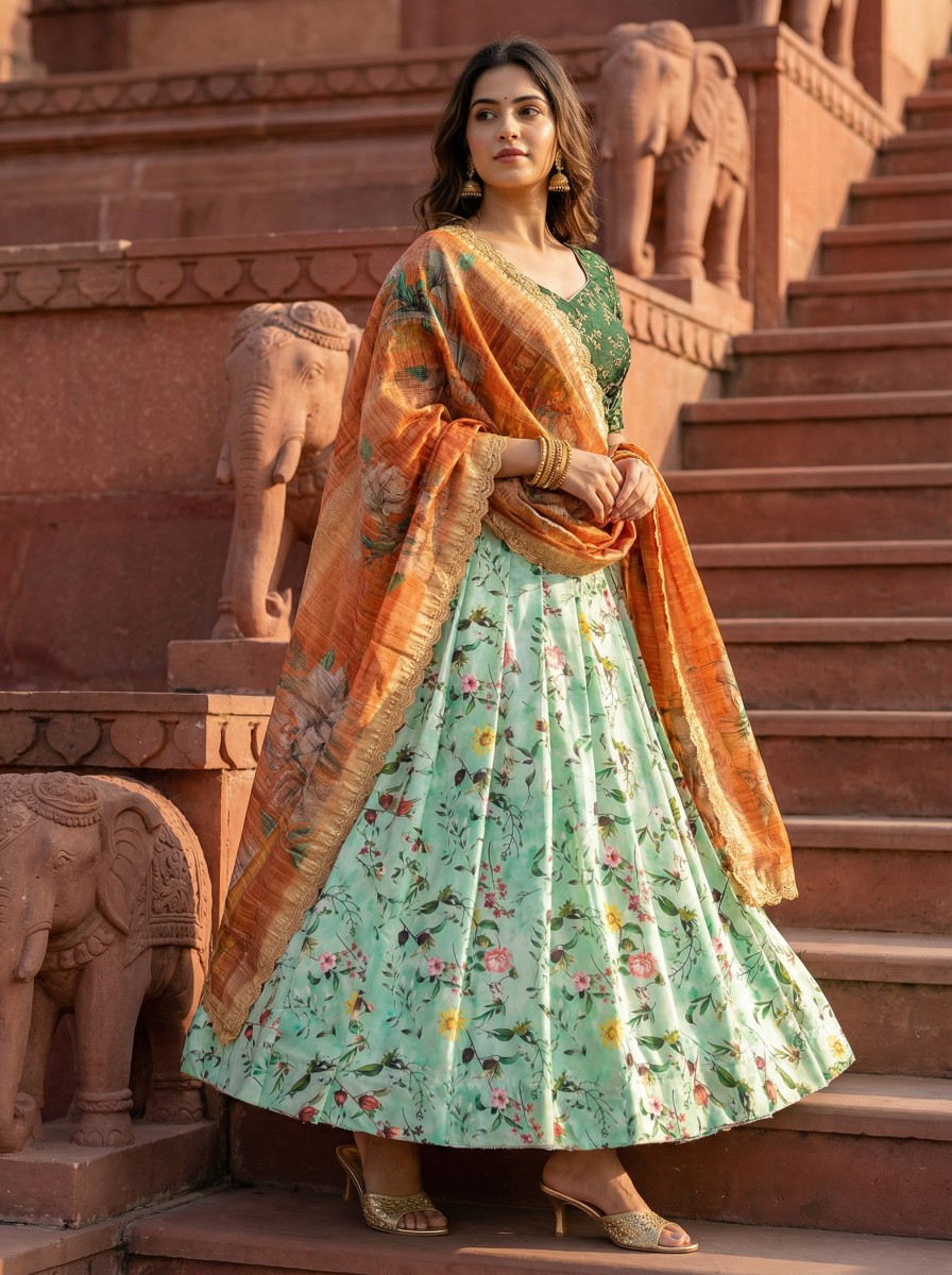 Sea Green Digital Print Satin Silk Lehenga Choli