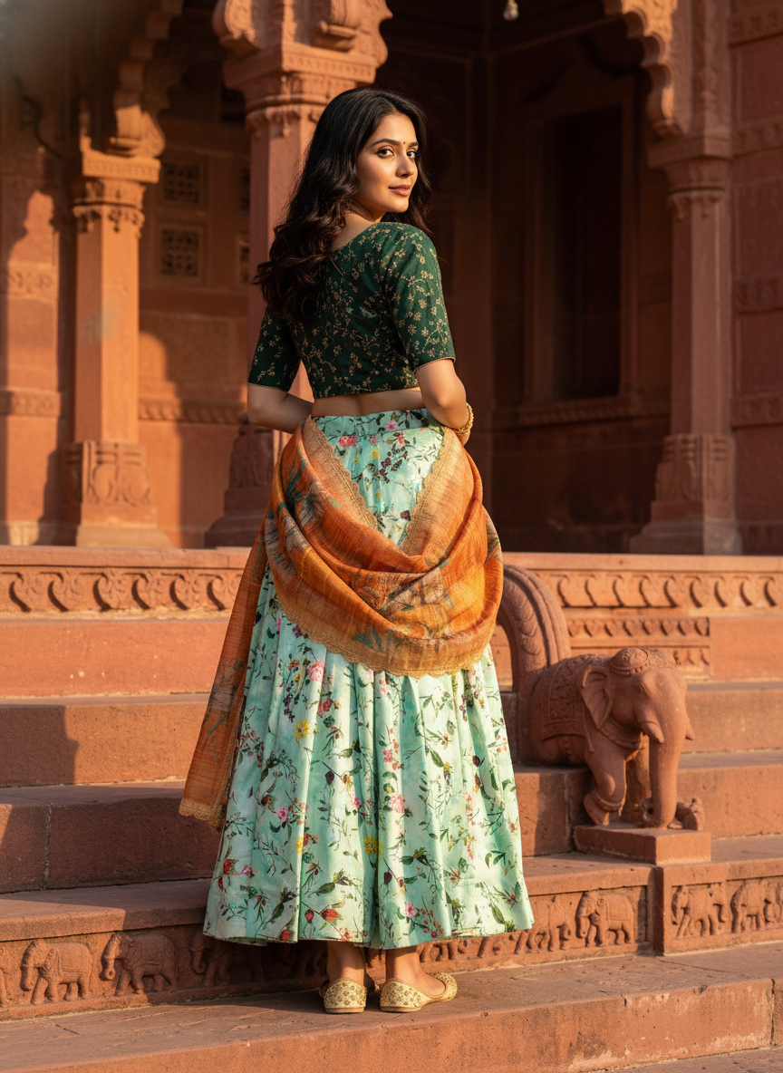 Sea Green Digital Print Satin Silk Lehenga Choli — alternate view