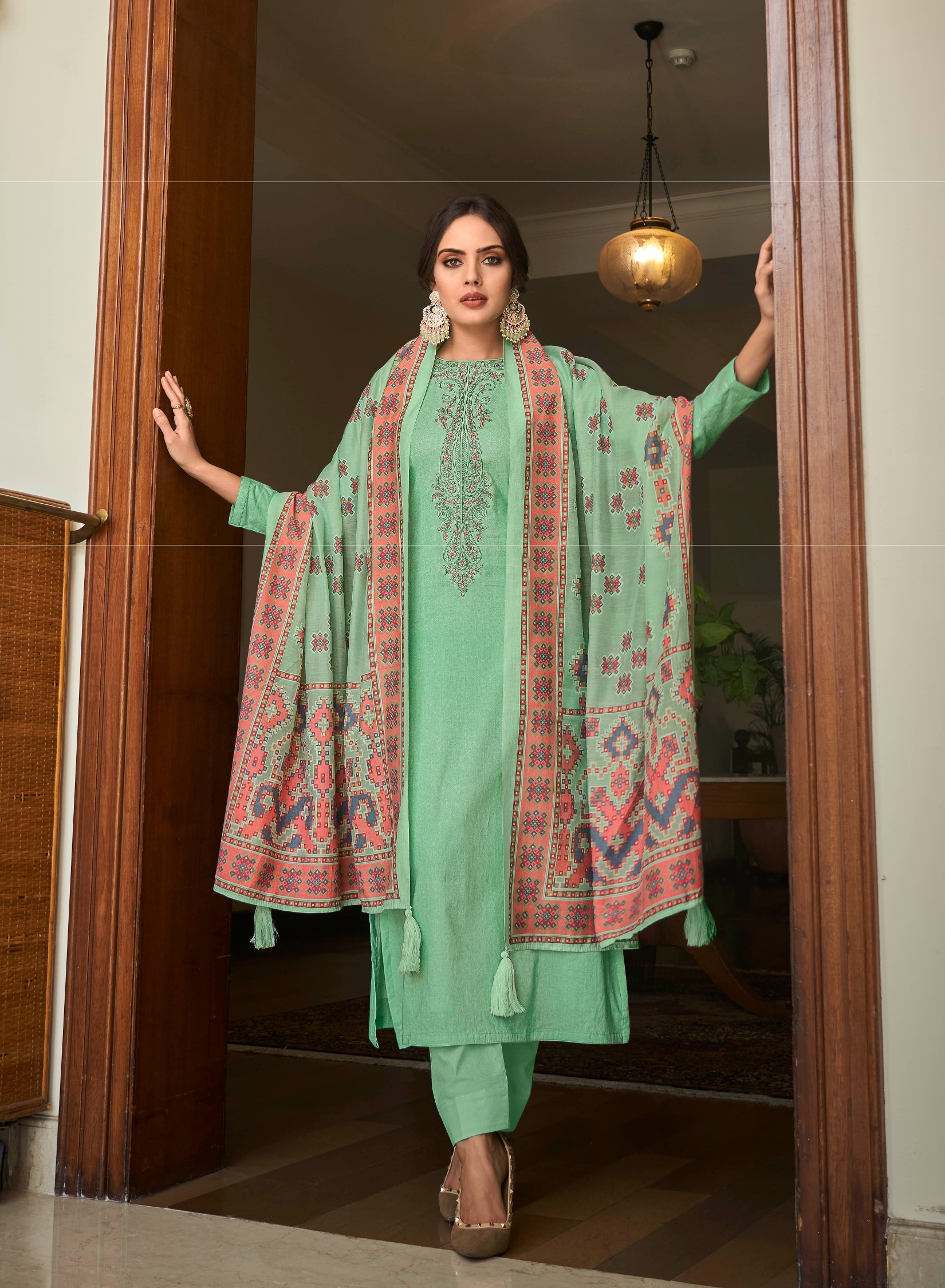 Sea Green Digital Printed Cambric Cotton Straight Salwar Suit