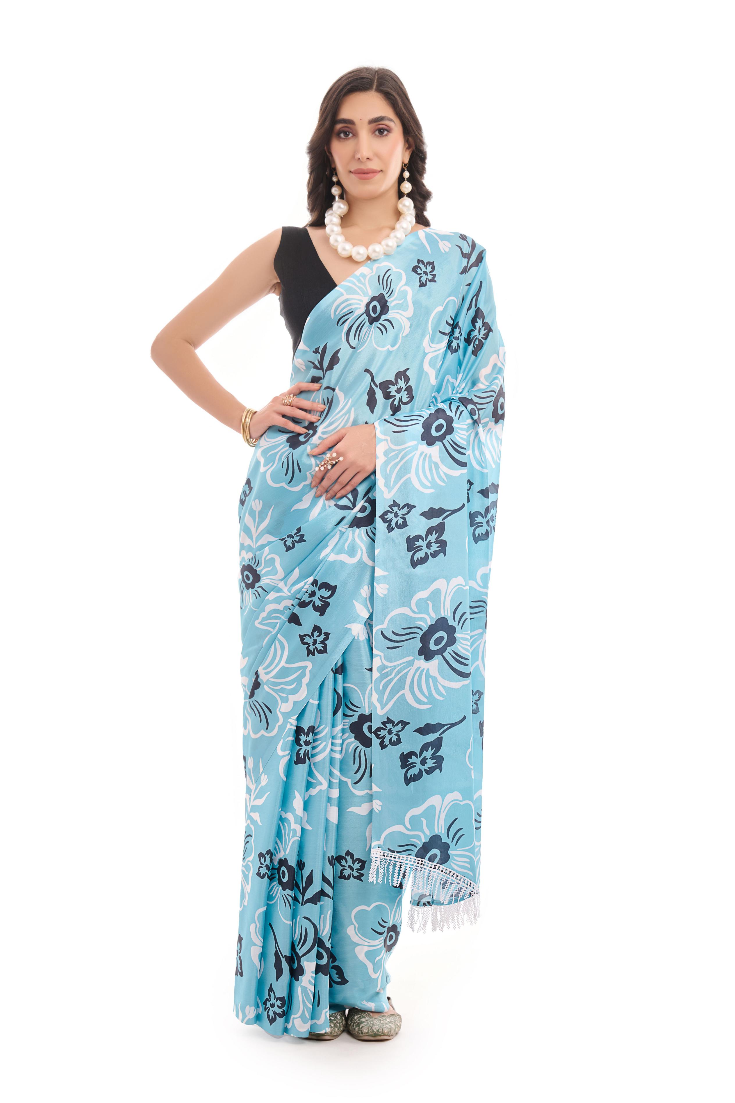 Sea Green Digital Printed Chinon Ready To Wear Saree