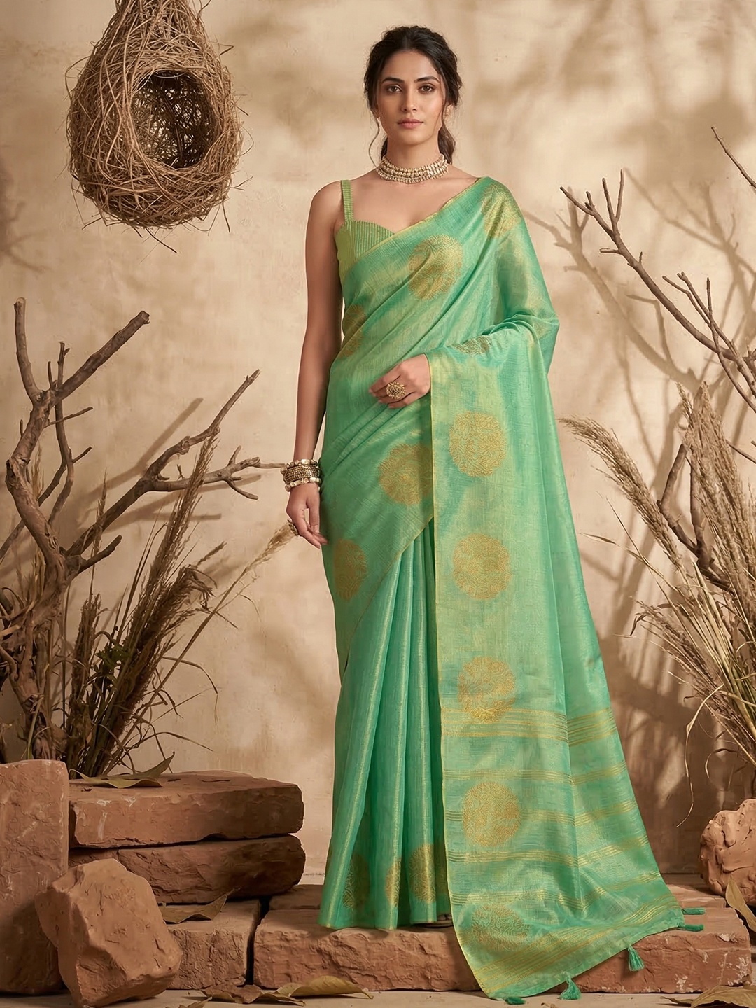 Sea Green Elegant Buta Tissue Silk Saree