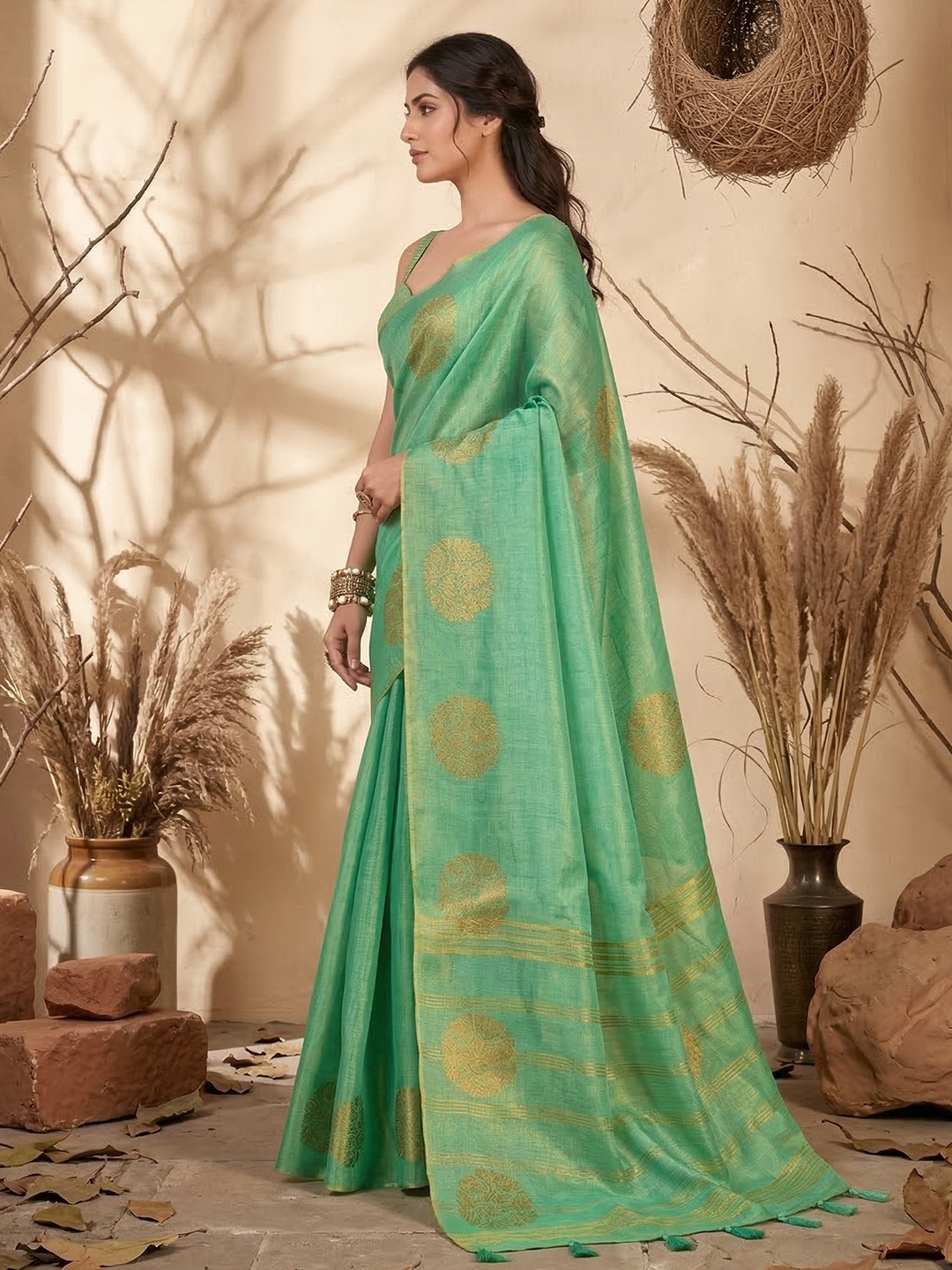 Sea Green Elegant Buta Tissue Silk Saree
