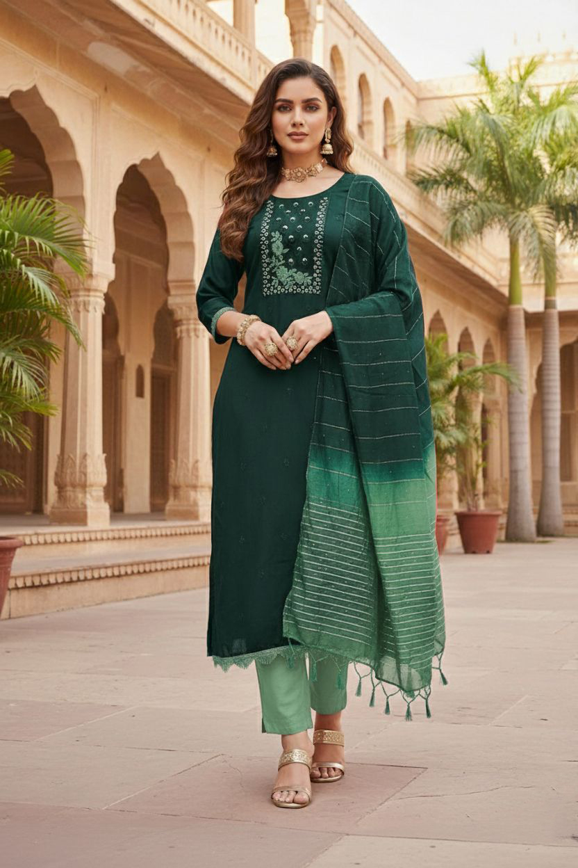Sea Green Embroidered Coco Silk Salwar Suit