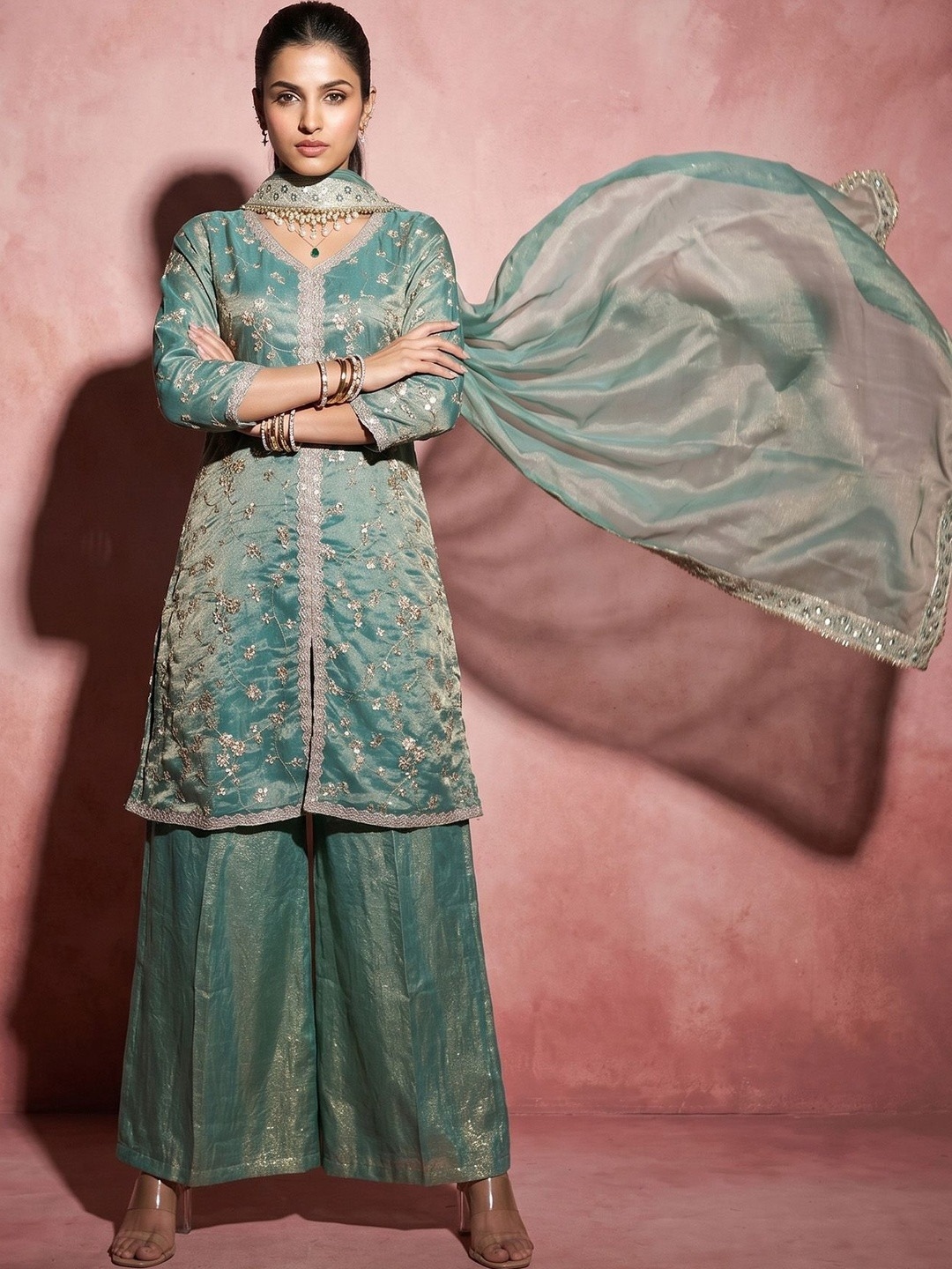 Sea Green Embroidered Fendy Satin Palazzo Suit