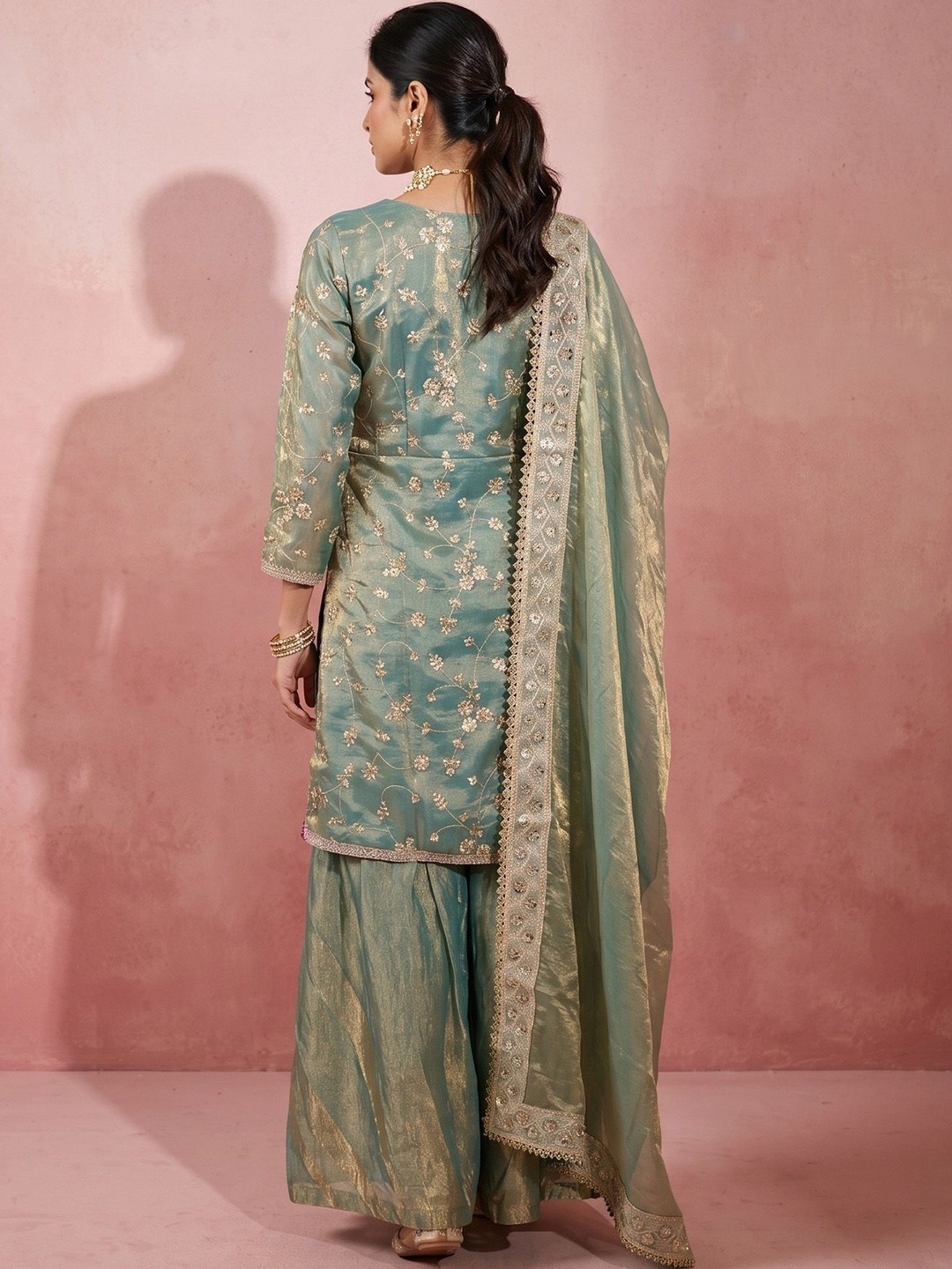 Sea Green Embroidered Fendy Satin Palazzo Suit — alternate view