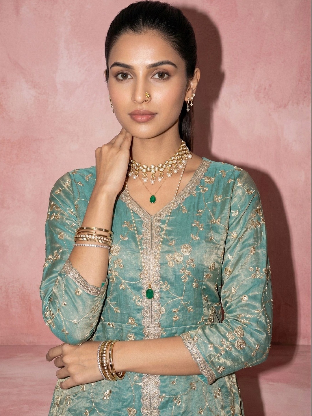 Sea Green Embroidered Fendy Satin Palazzo Suit