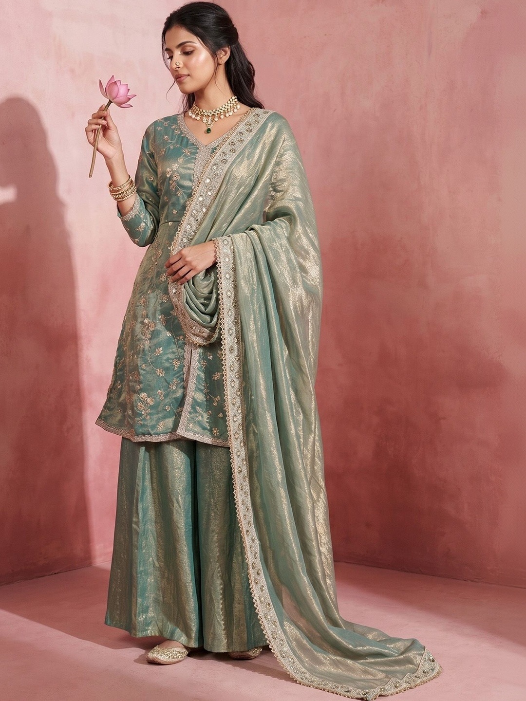 Sea Green Embroidered Fendy Satin Palazzo Suit