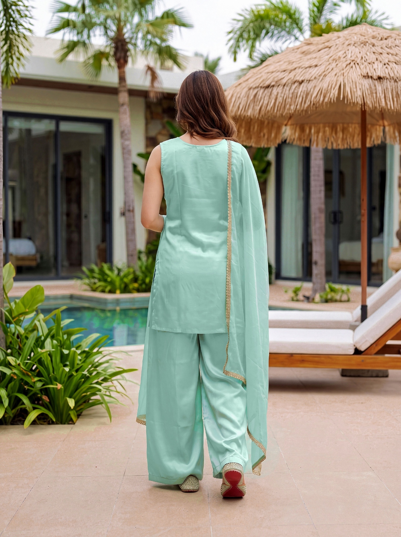 Sea Green Embroidered French Crepe Palazzo Suit — alternate view