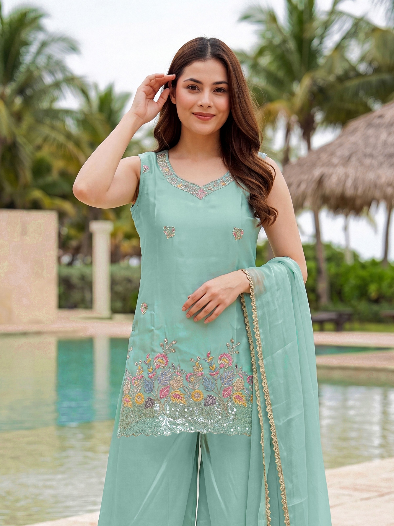 Sea Green Embroidered French Crepe Palazzo Suit