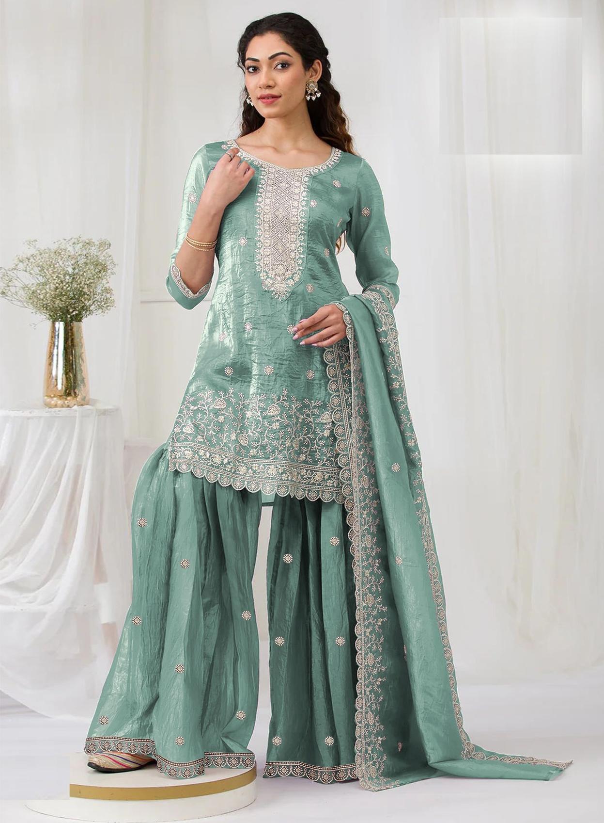 Sea Green Embroidered Gold Crush Palazzo Suit