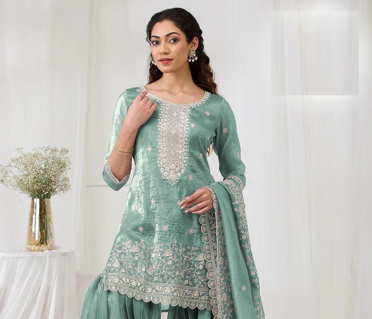 Sea Green Embroidered Gold Crush Palazzo Suit — alternate view