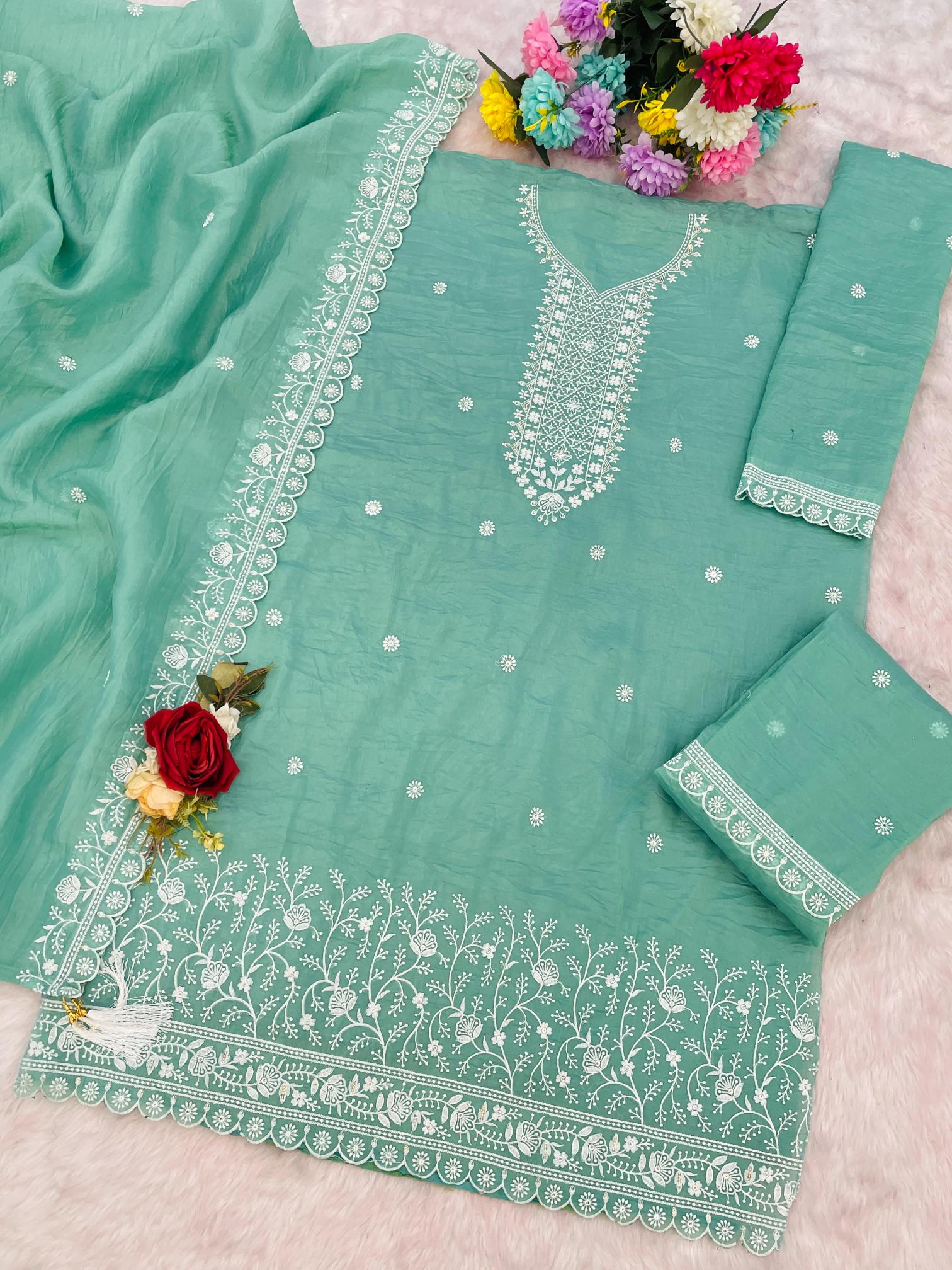 Sea Green Embroidered Gold Crush Palazzo Suit