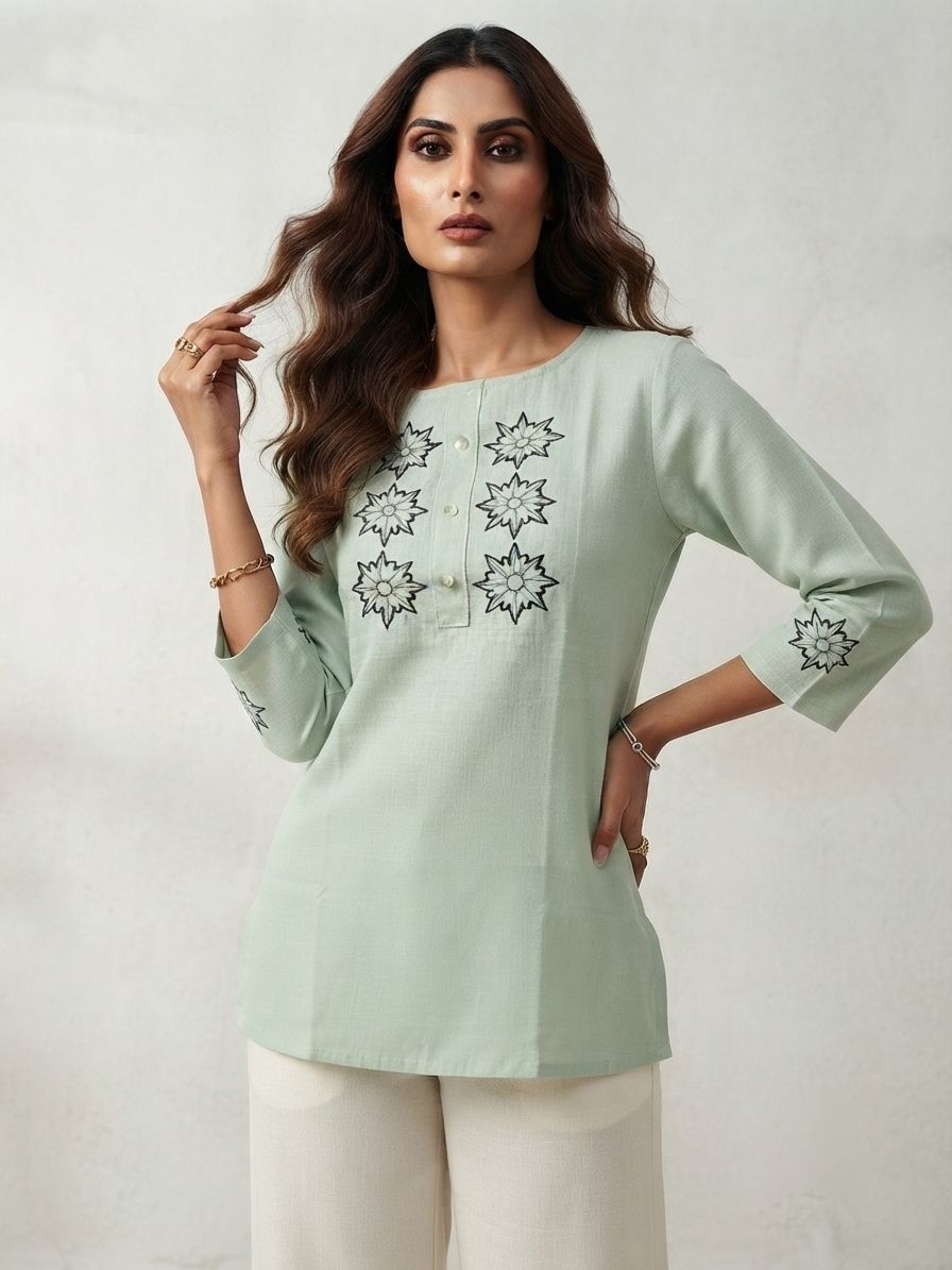 Sea Green Embroidered Linen Cotton Short Tunic Top