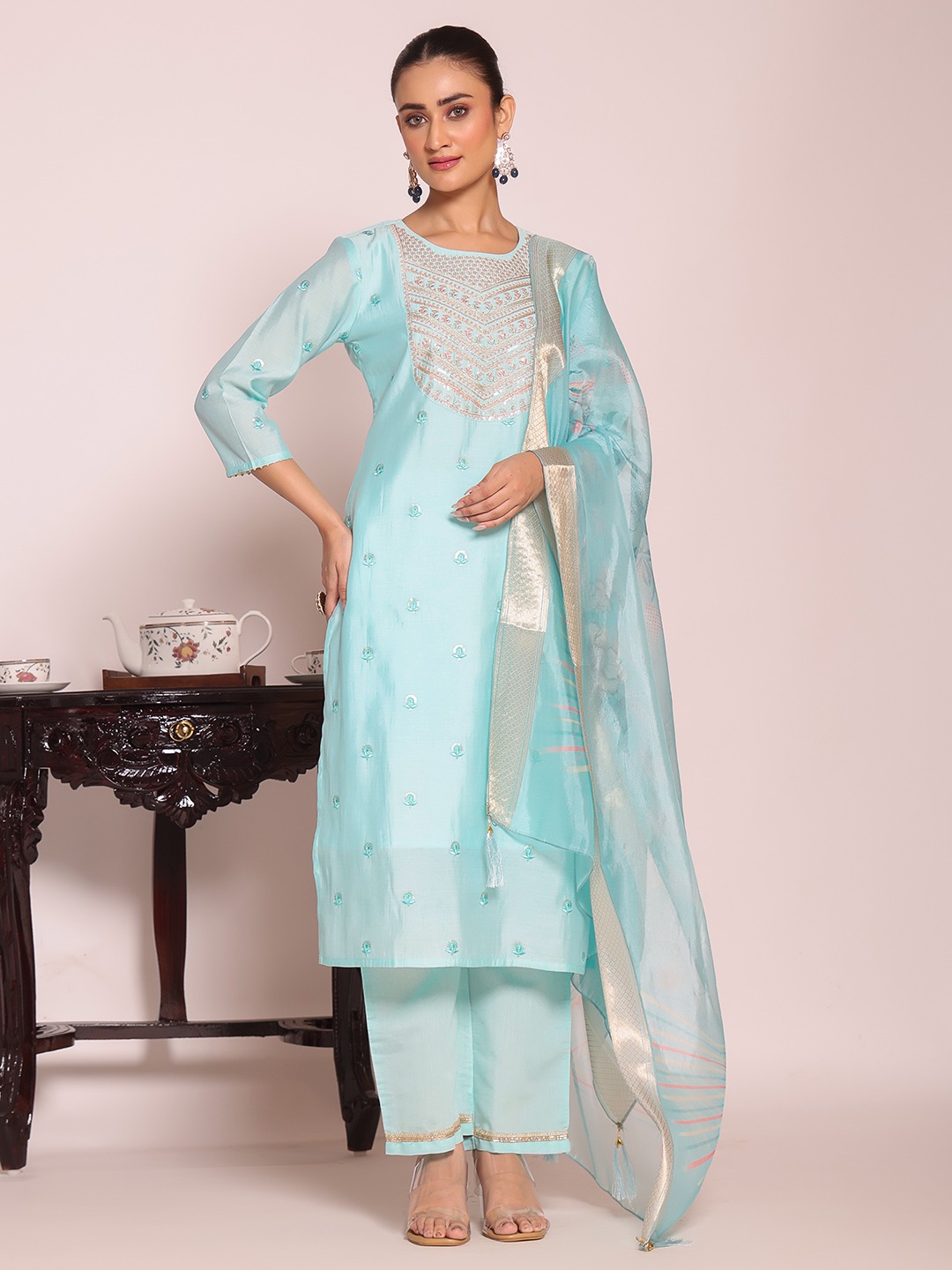 Sea Green Embroidered Poly Silk Salwar