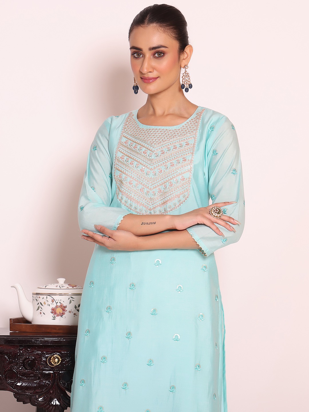 Sea Green Embroidered Poly Silk Salwar