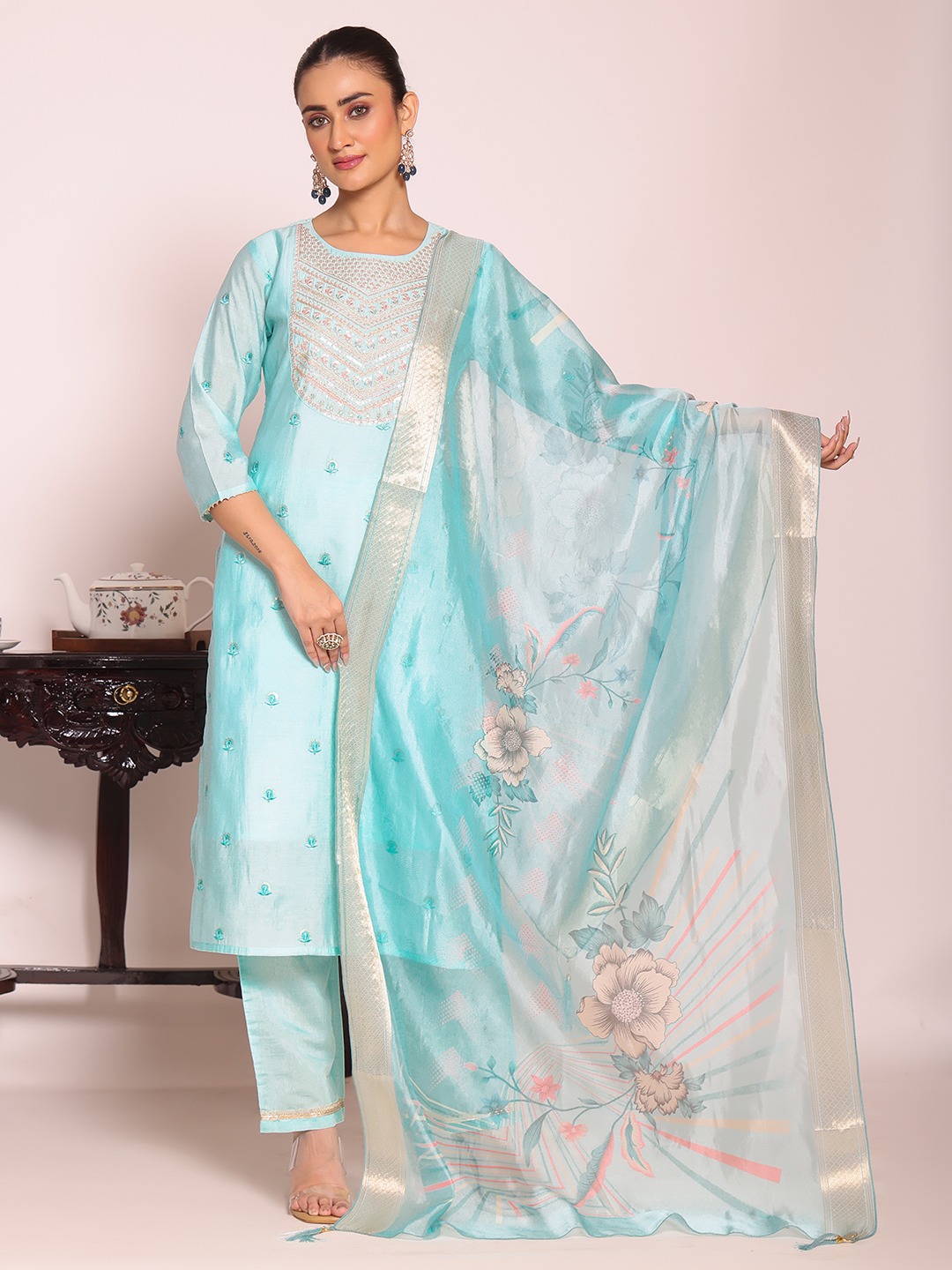 Sea Green Embroidered Poly Silk Salwar