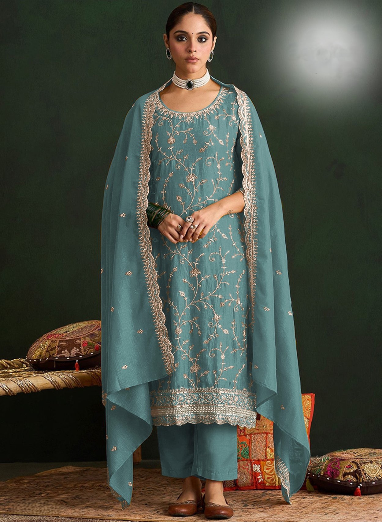 Sea Green Embroidered Vichitra Straight Suit