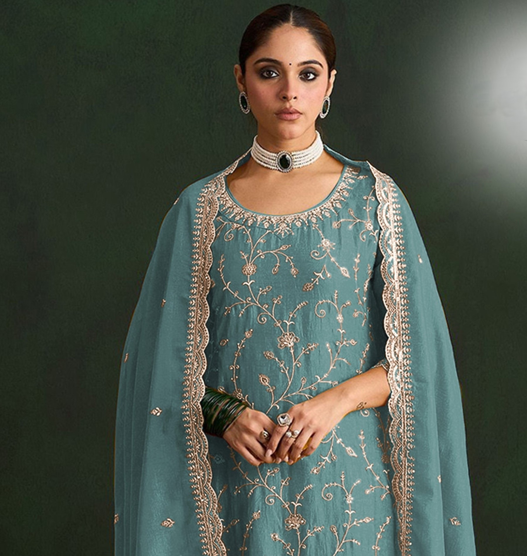 Sea Green Embroidered Vichitra Straight Suit — alternate view