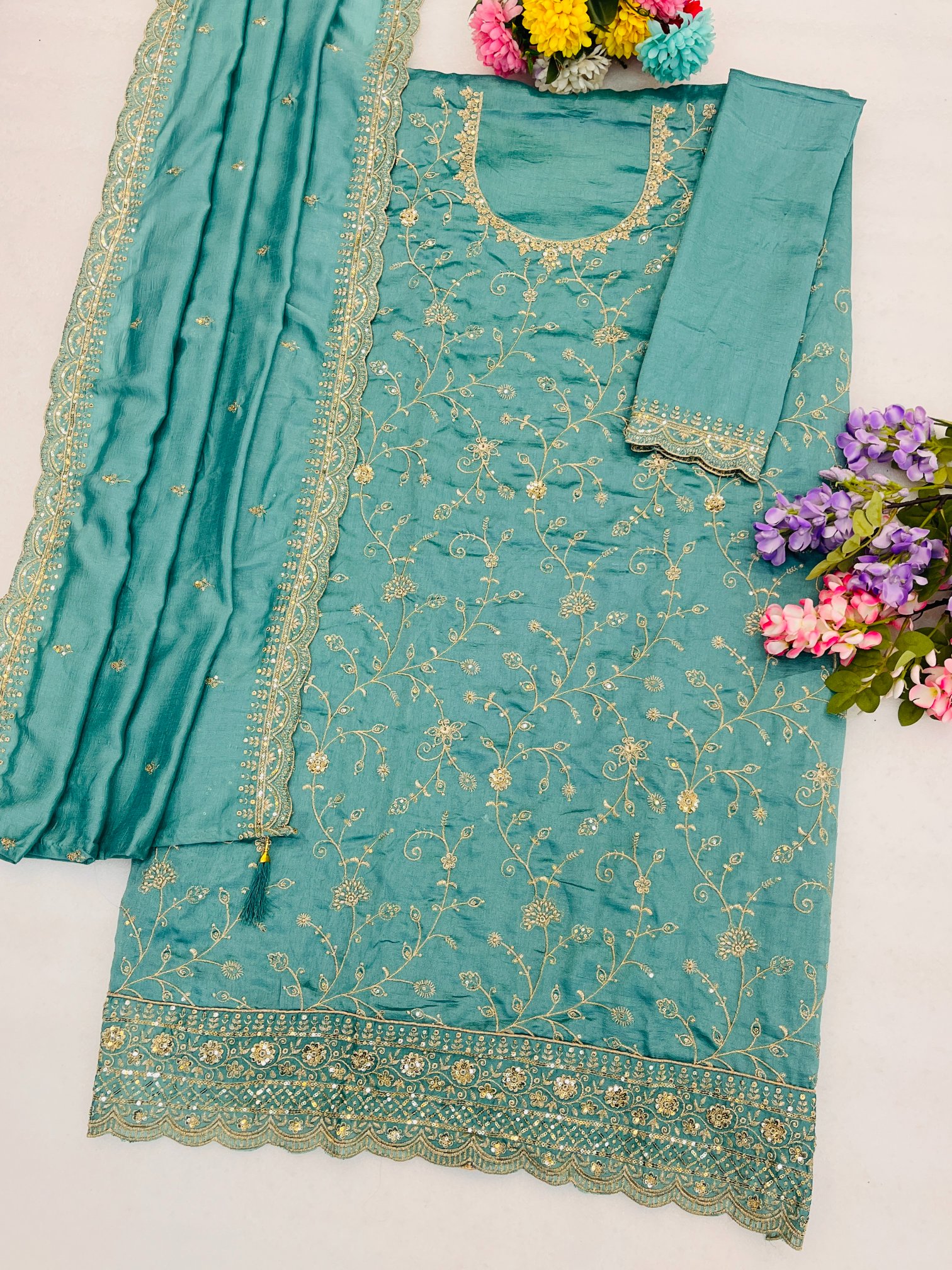 Sea Green Embroidered Vichitra Straight Suit