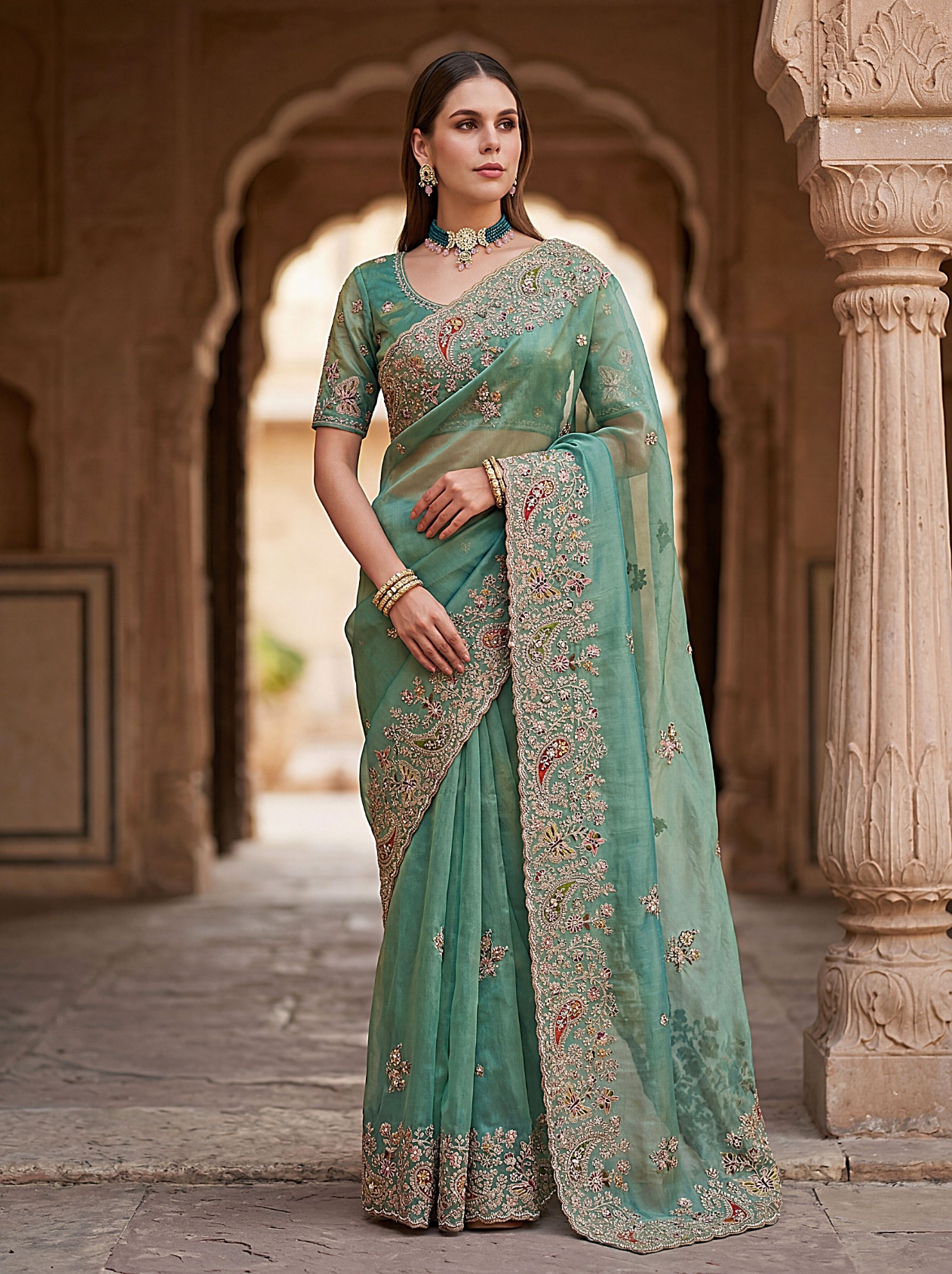 Sea Green Ethnic Motif Embroidered Gabana Silk Saree