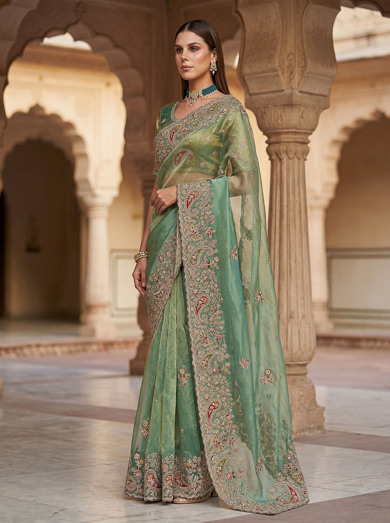 Sea Green Ethnic Motif Embroidered Gabana Silk Saree — alternate view