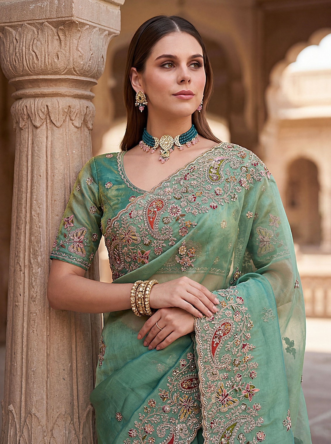 Sea Green Ethnic Motif Embroidered Gabana Silk Saree